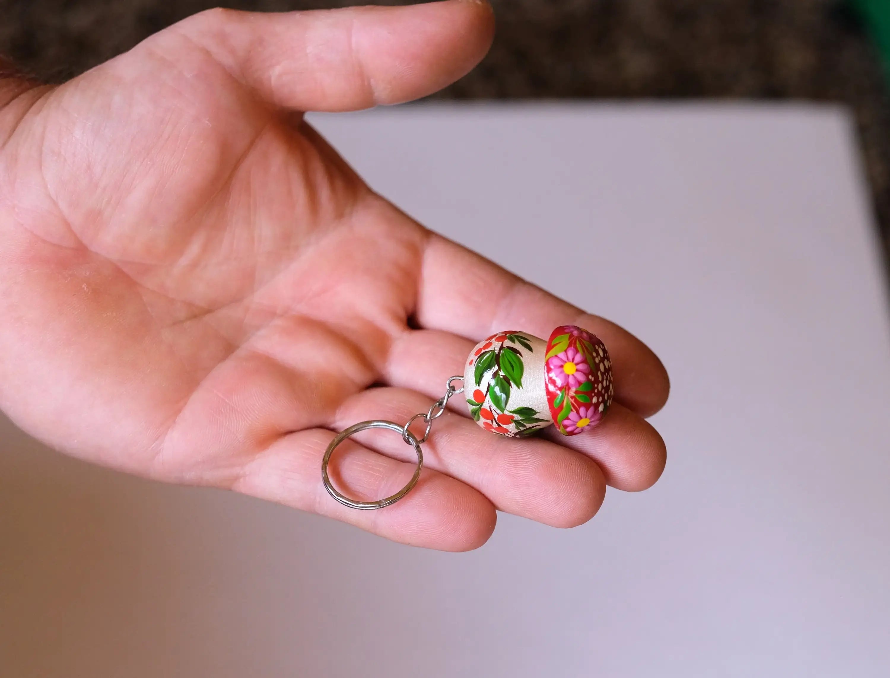 Painted Wooden Mushroom Key Chain - Tassel Bag Charm, Atrisanal Blue and Red Flower Key Ring
