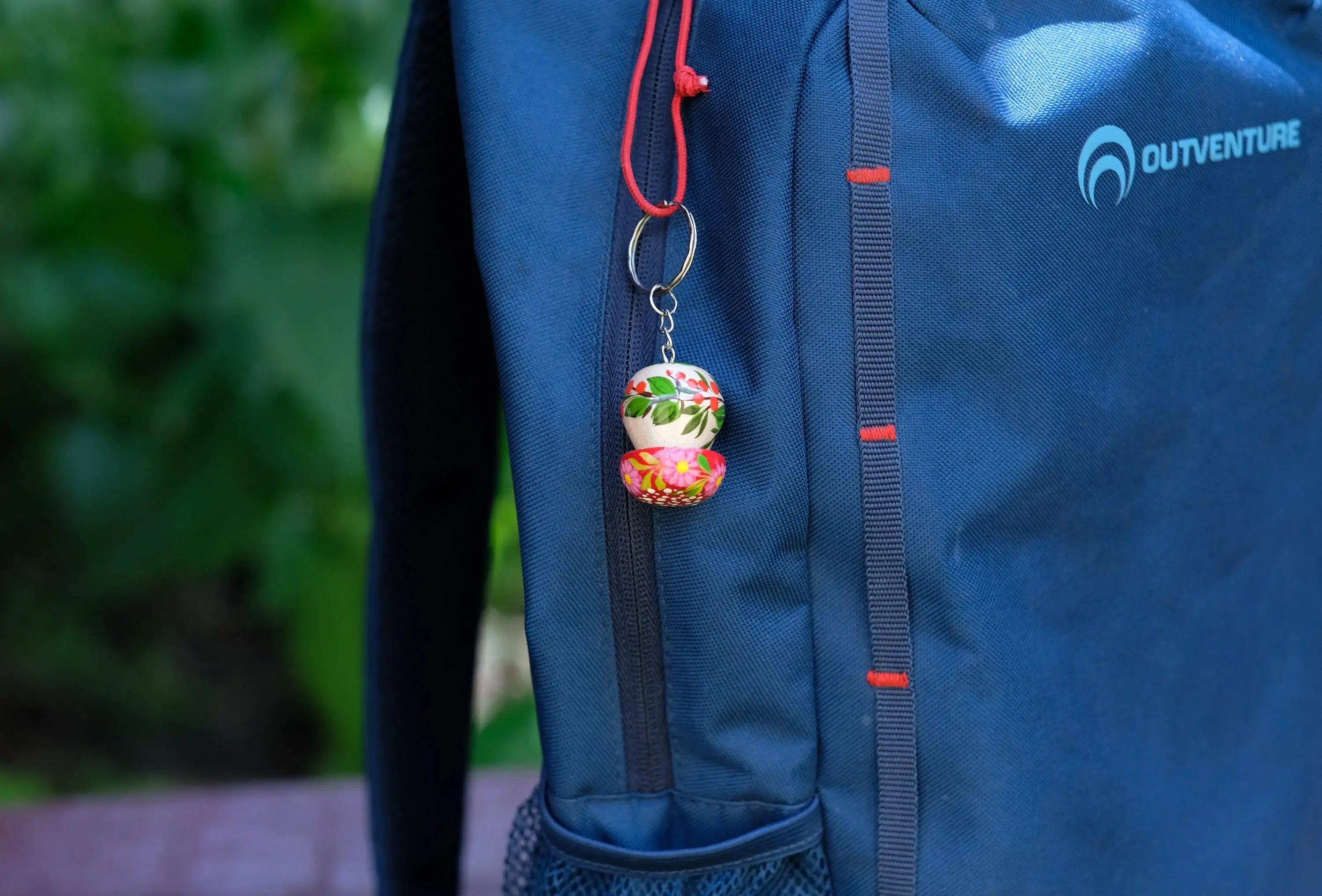 Painted Wooden Mushroom Key Chain - Tassel Bag Charm, Atrisanal Blue and Red Flower Key Ring