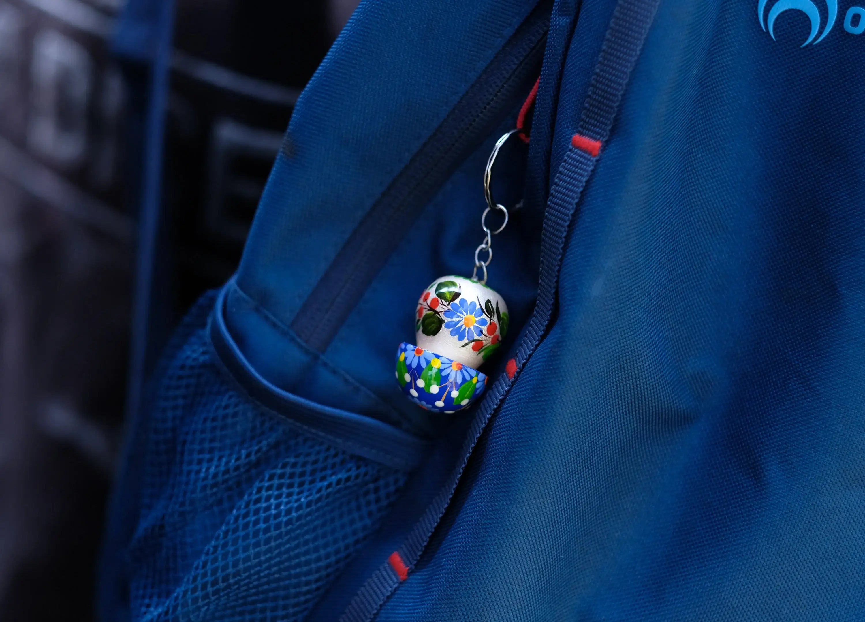Painted Wooden Mushroom Key Chain - Tassel Bag Charm, Atrisanal Blue and Red Flower Key Ring