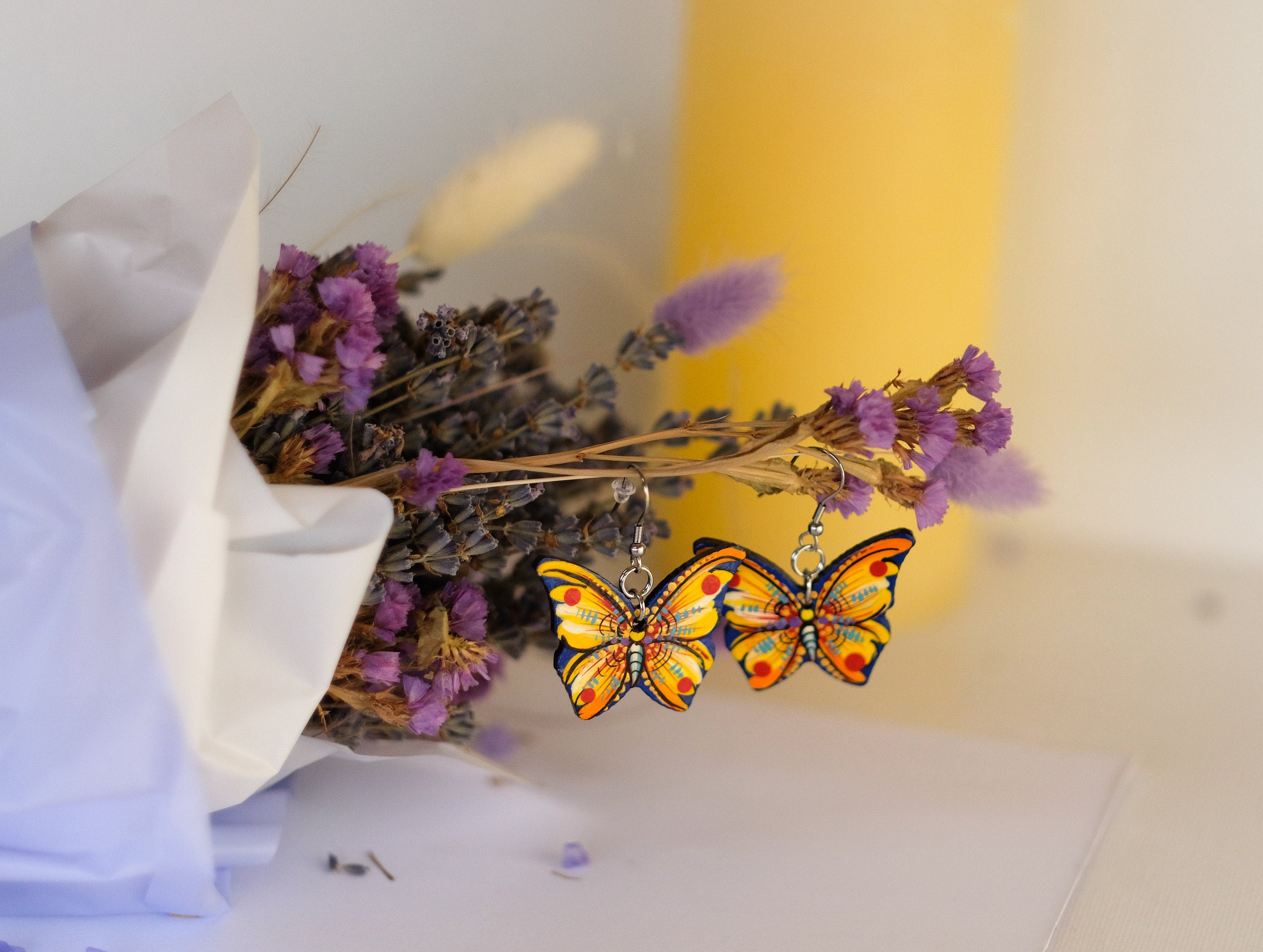 Hypoallergenic Painted Wooden Butterfly Earrings - Artisanal Dangle Drop Orange Statement Earrings