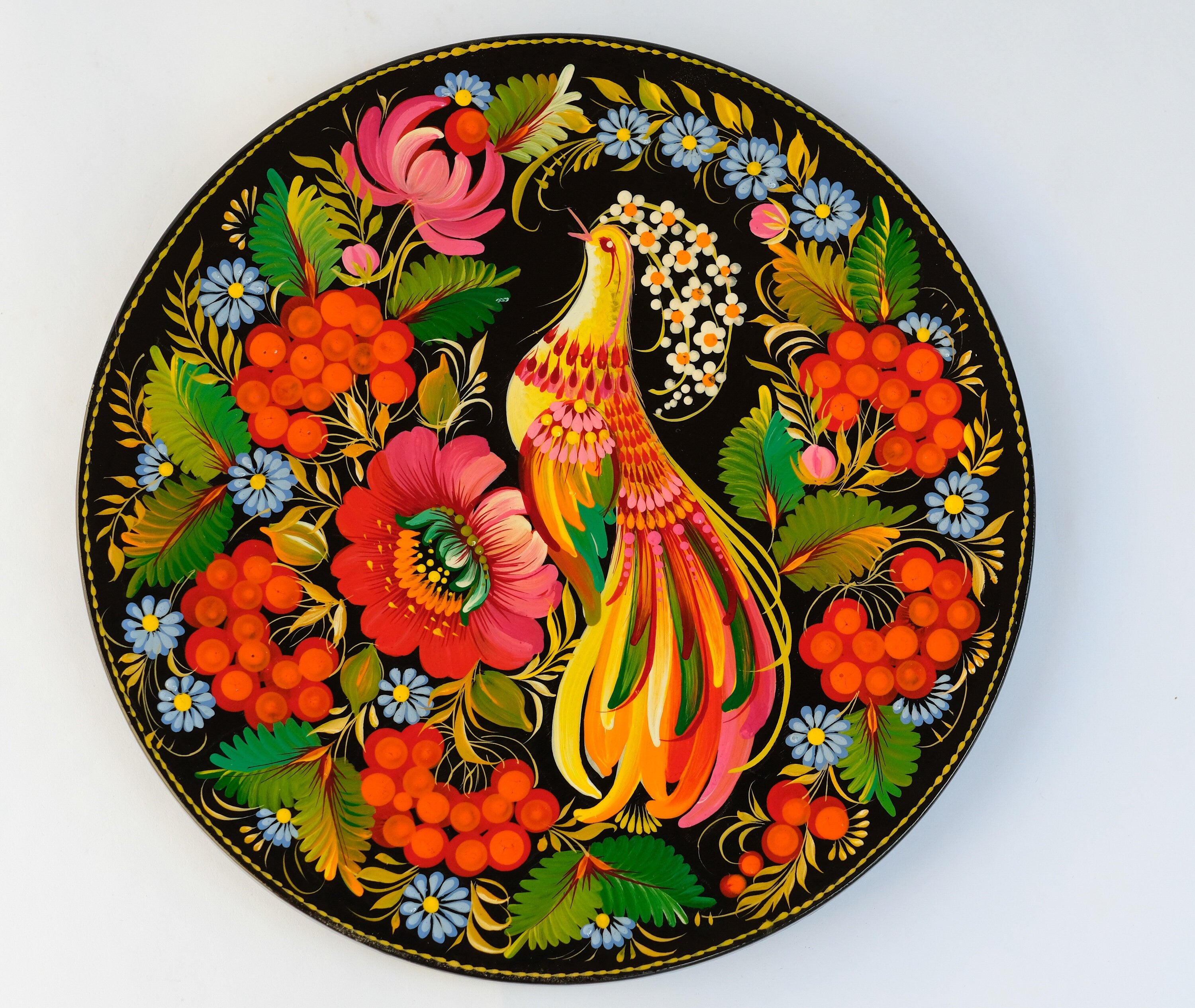 Decorative wooden plate 7.9 in, Hand-painted Ukrainian wall plate, Fairy bird plate painted with Petrykivka painting, Ukraine folk art plate