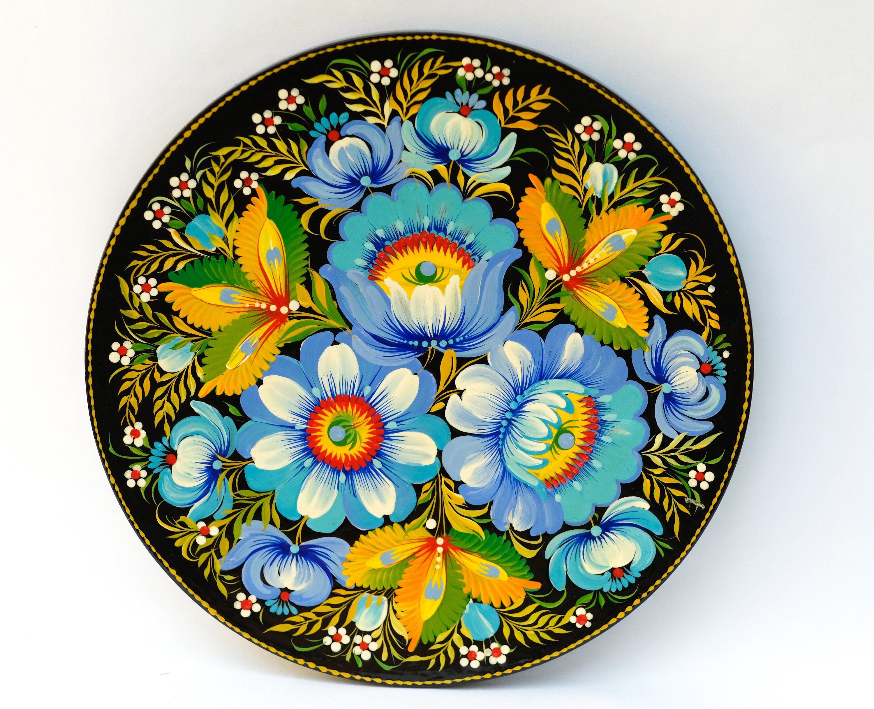 Decorative wooden plate 5.9 in, Hand-painted Ukrainian wall plate, Blue flower plate painted with Petrykivka painting, Ukraine folk plate