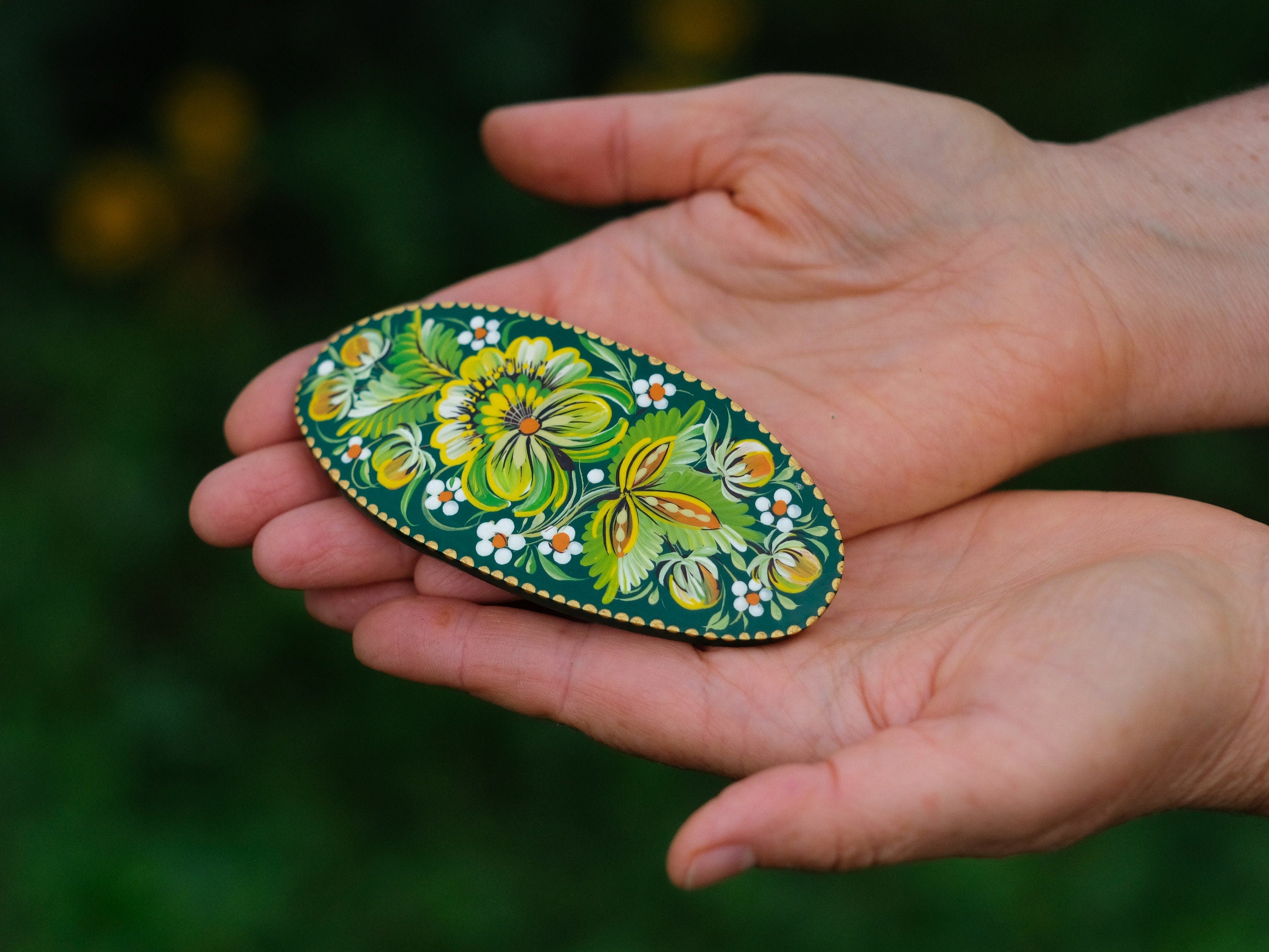 Painted Wooden Green Flower Hair Barrette - Handmade Artisanal Petrykivka Art French Hair Clip
