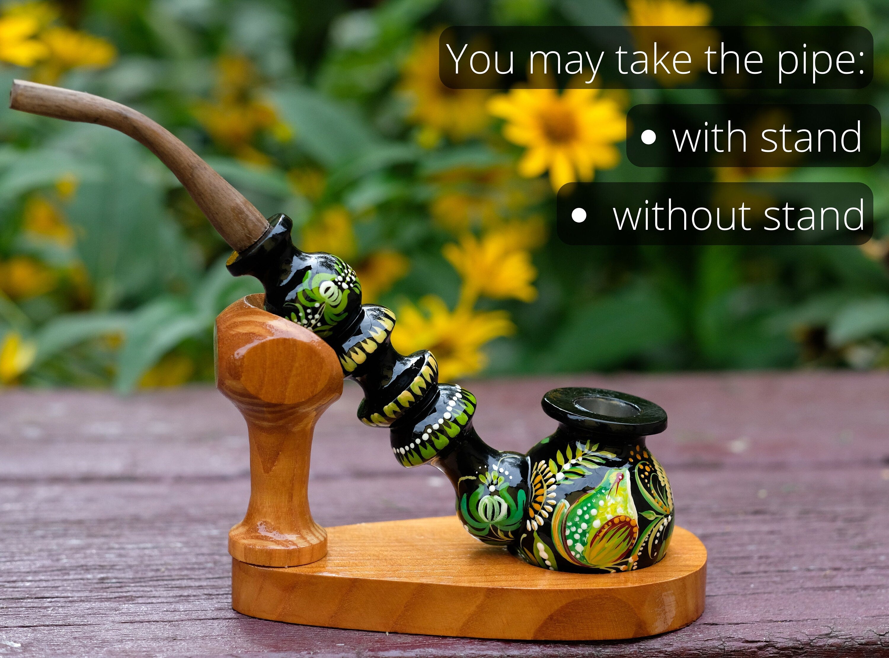 Painted Wooden Frog Smoking Pipe - Ukrainian Folk Art Petrykivka Tobacco Pipe