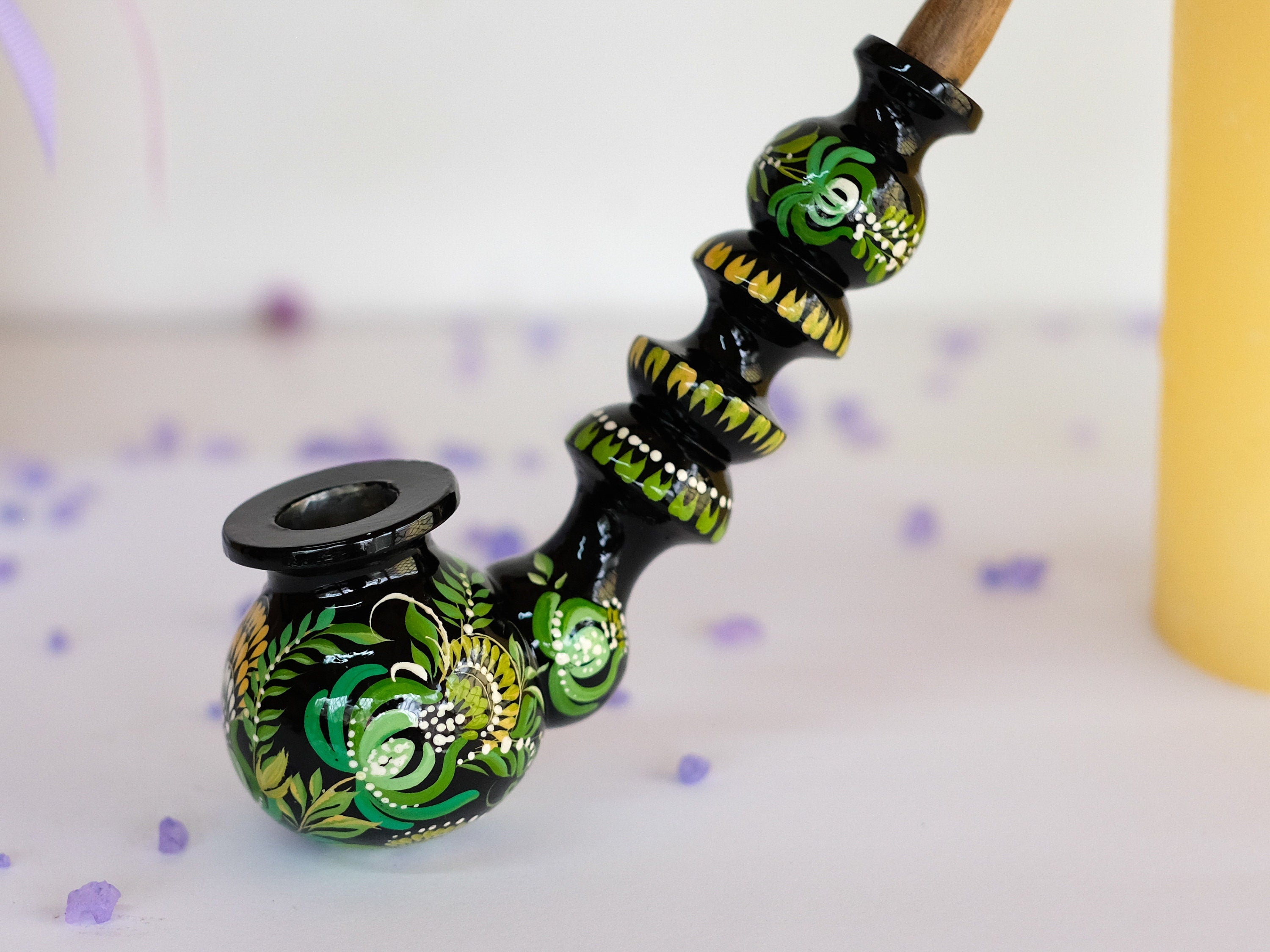 Painted Wooden Frog Smoking Pipe - Ukrainian Folk Art Petrykivka Tobacco Pipe