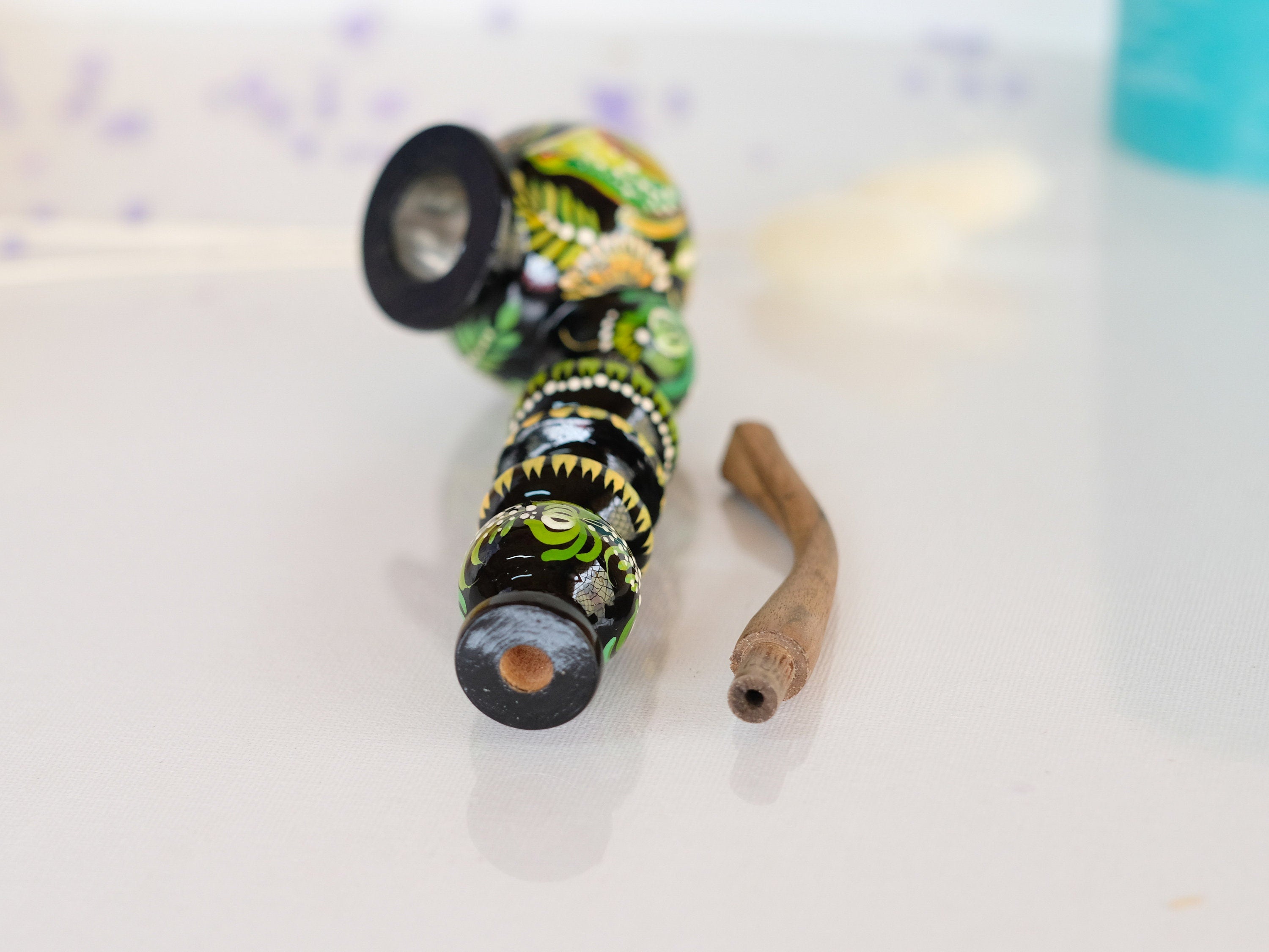 Painted Wooden Frog Smoking Pipe - Ukrainian Folk Art Petrykivka Tobacco Pipe