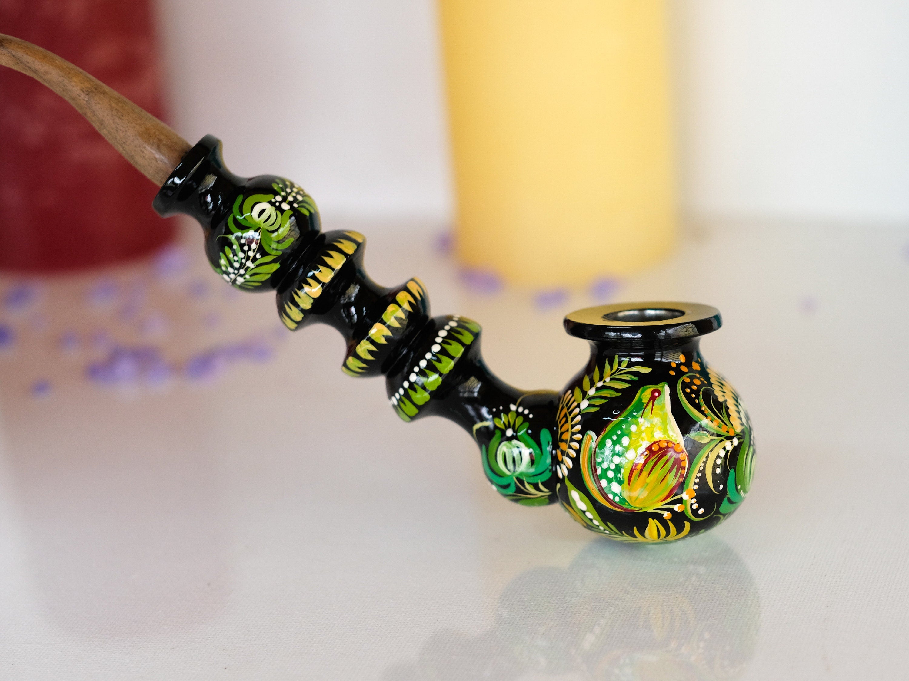 Painted Wooden Frog Smoking Pipe - Ukrainian Folk Art Petrykivka Tobacco Pipe