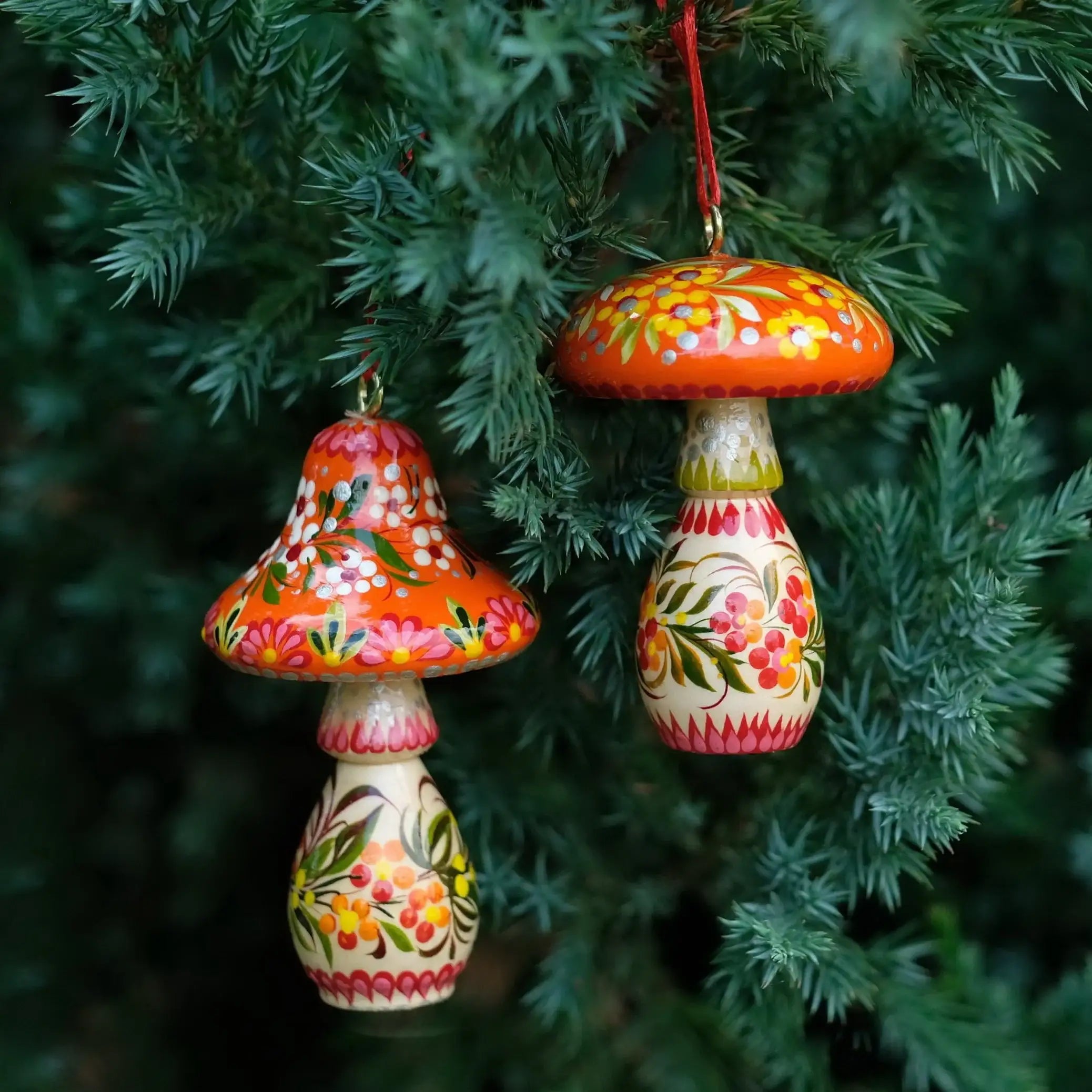 Set of 5 Painted Wooden Mushroom Christmas Ornaments