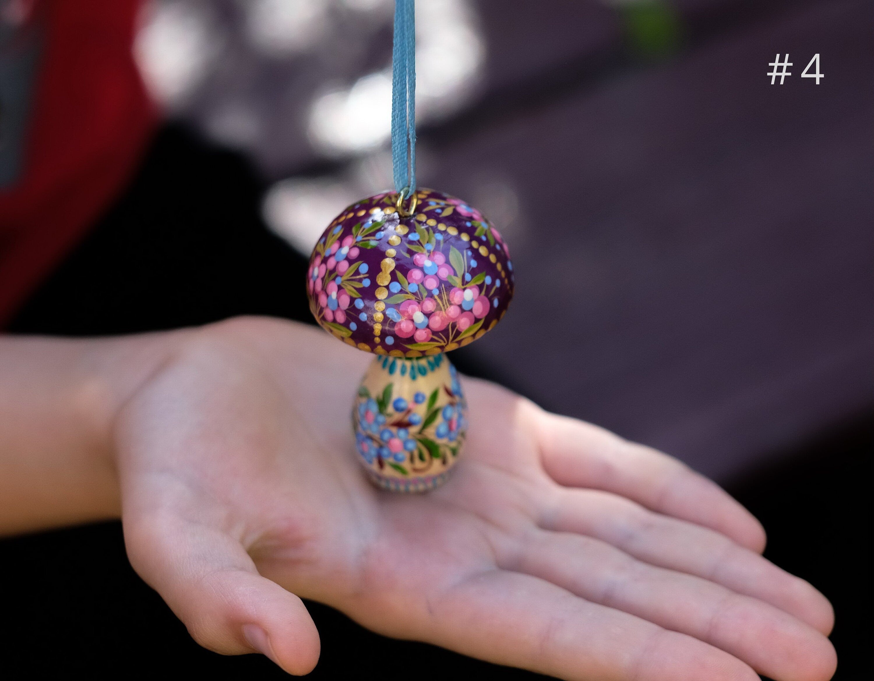 Painted Wooden Mushroom Christmas Ornament with Petrykivka Art