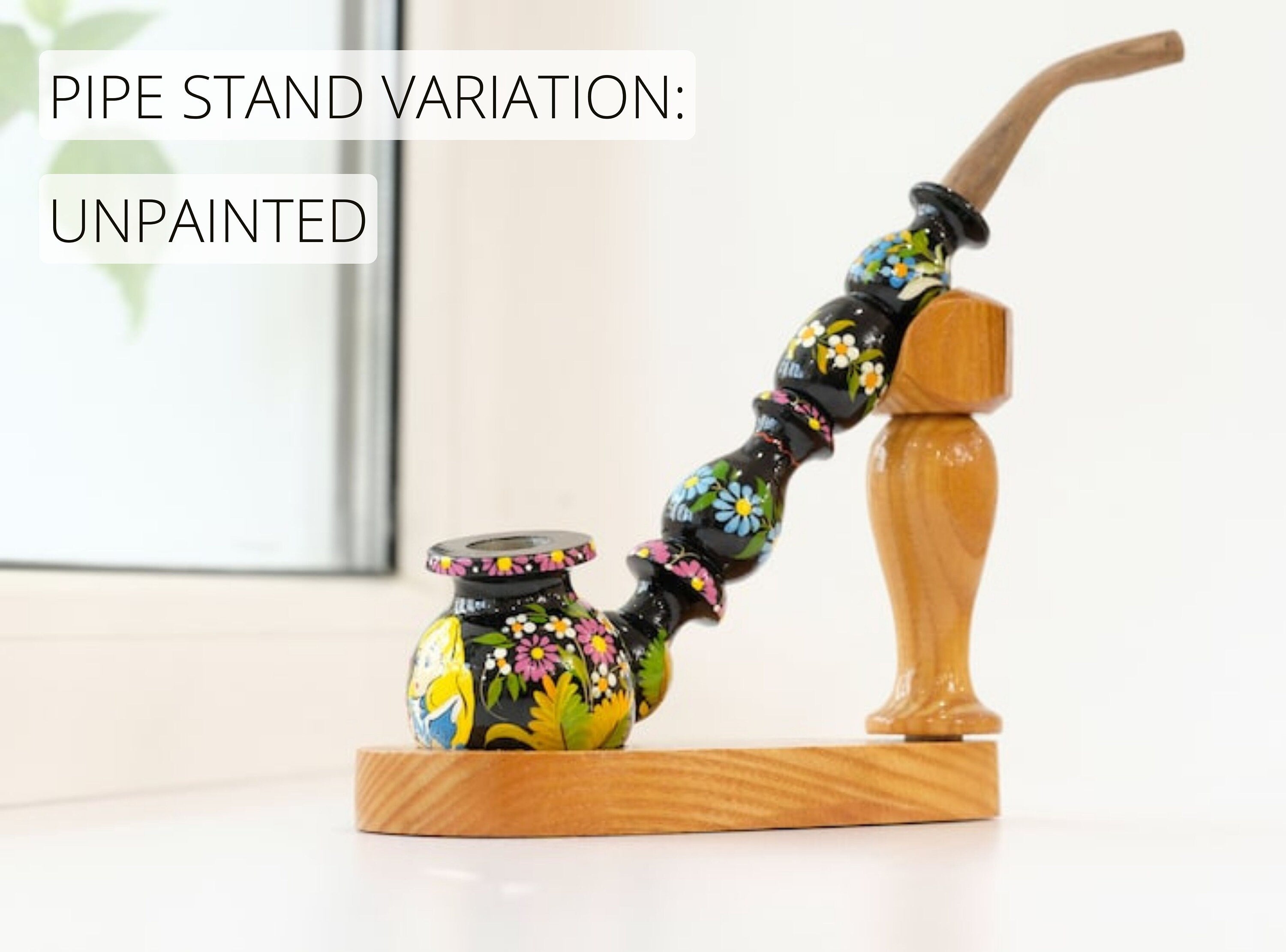 Painted Wooden Cartoon Smoking Pipe - Tobacco Pipe with Ukrainian Folk Art Petrykivka
