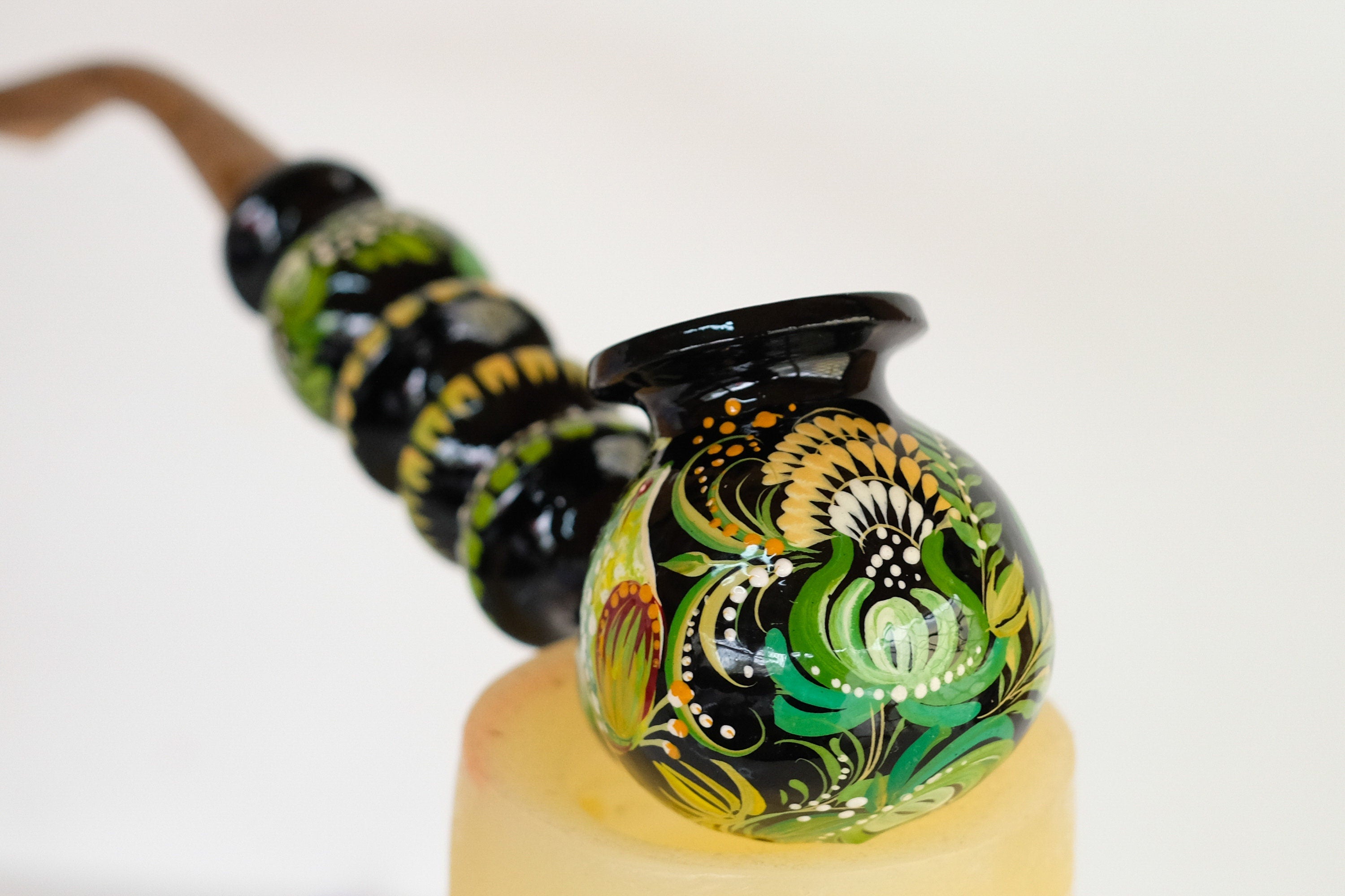 Painted Wooden Frog Smoking Pipe - Ukrainian Folk Art Petrykivka Tobacco Pipe