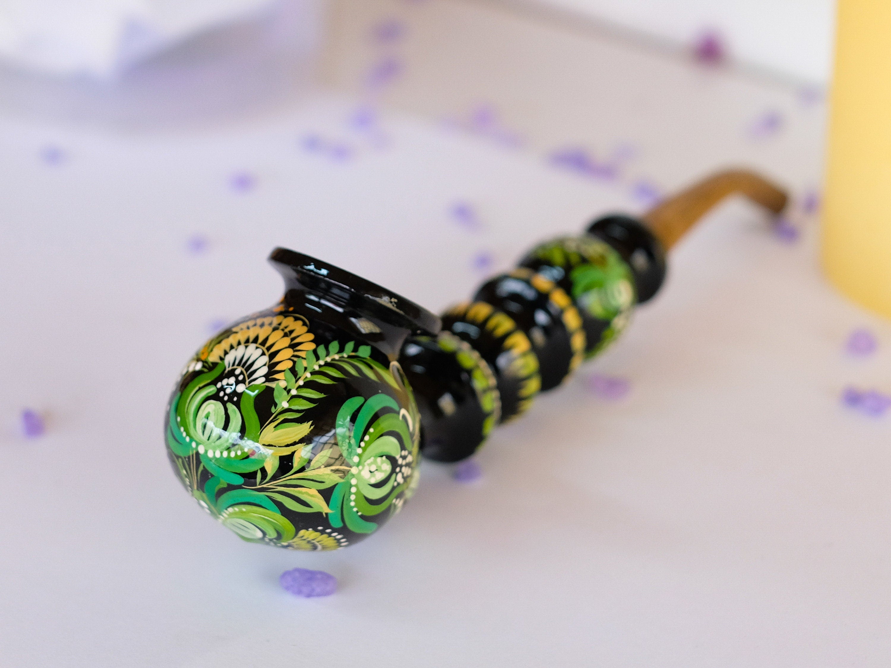 Painted Wooden Frog Smoking Pipe - Ukrainian Folk Art Petrykivka Tobacco Pipe