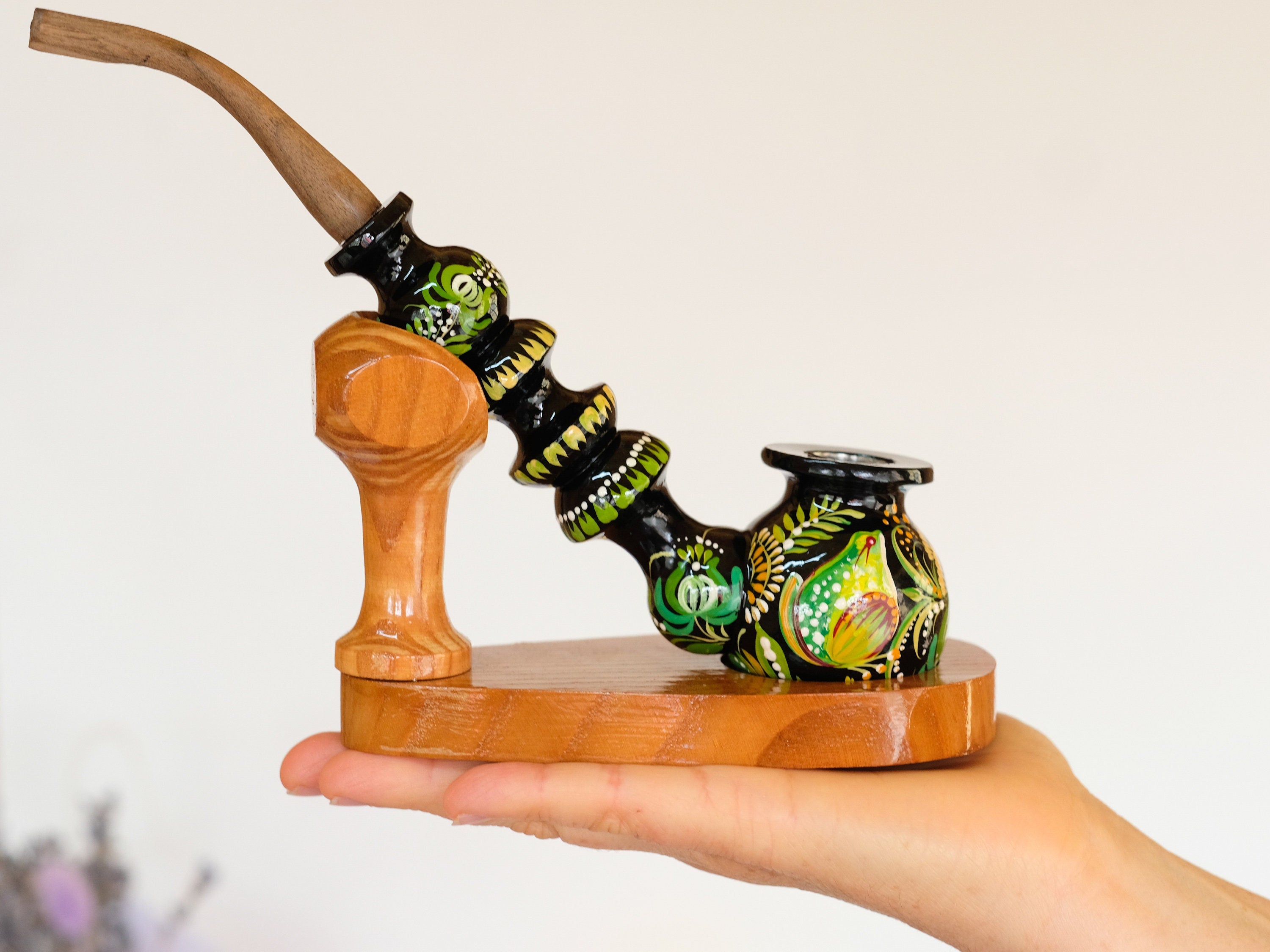 Painted Wooden Frog Smoking Pipe - Ukrainian Folk Art Petrykivka Tobacco Pipe