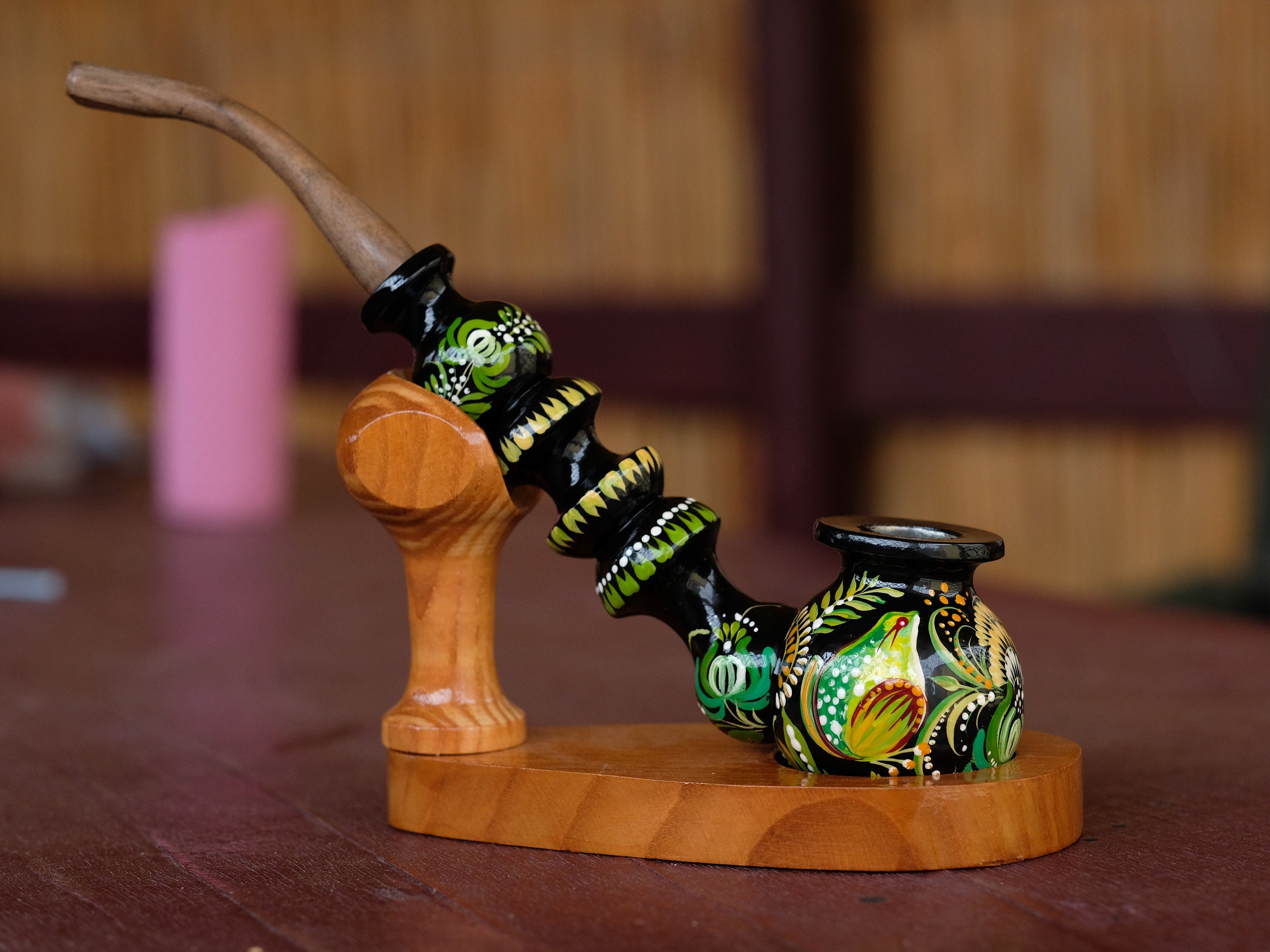 Painted Wooden Frog Smoking Pipe - Ukrainian Folk Art Petrykivka Tobacco Pipe