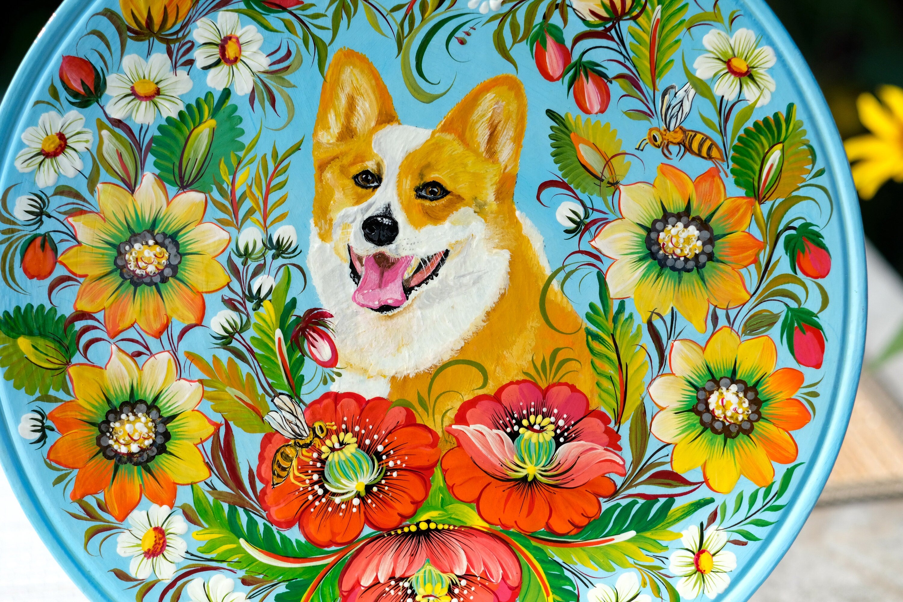 Custom Pet Portrait Painting on Wooden Plate - Personalized Pet Loss Memorial Gift, Animal Portrait Decorated with Petrykivka Art