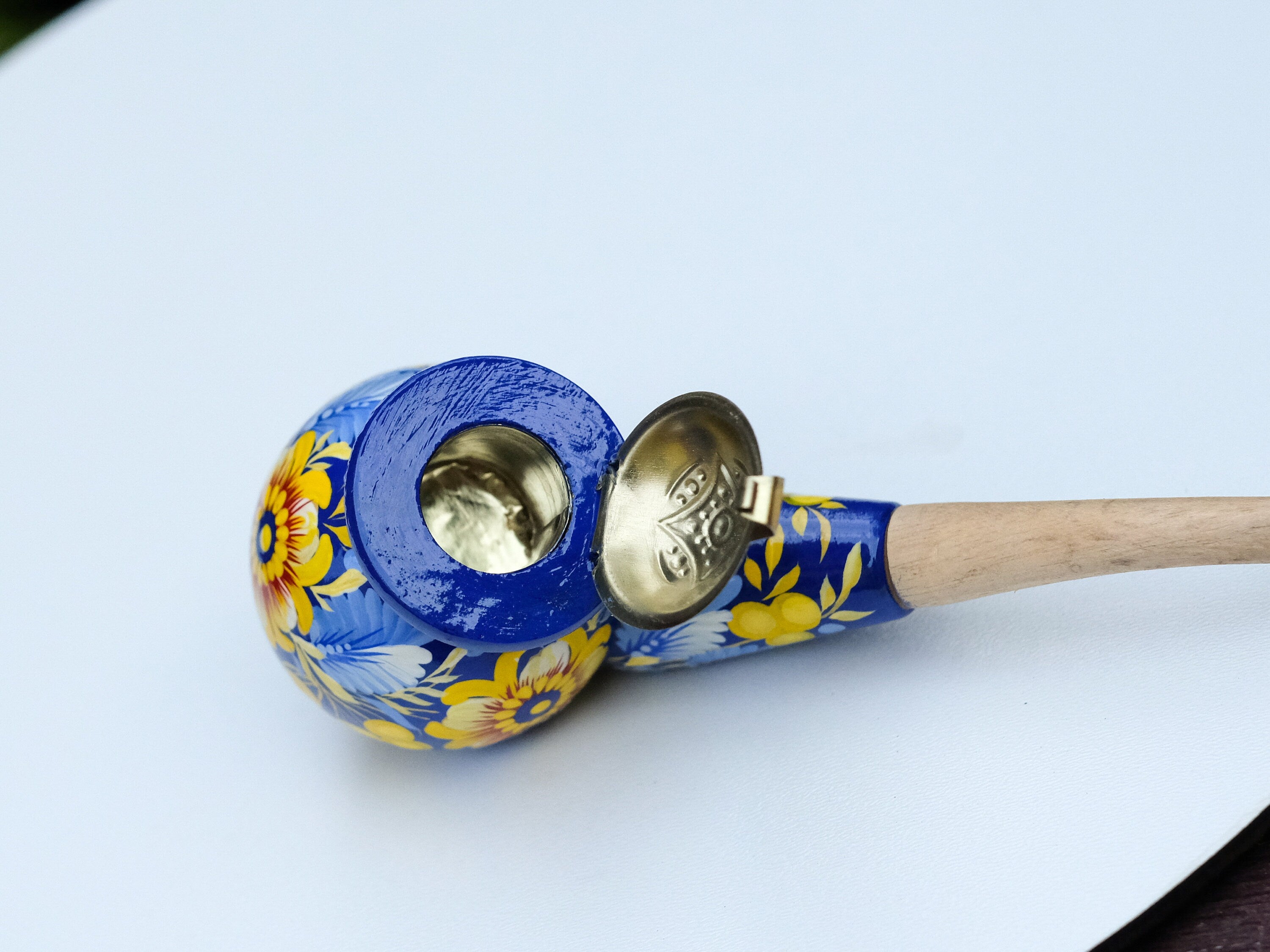 Painted Wooden Smoking Pipe with Lid - Blue & Yellow Ukrainian Folk Art Petrykivka Tobacco Pipe