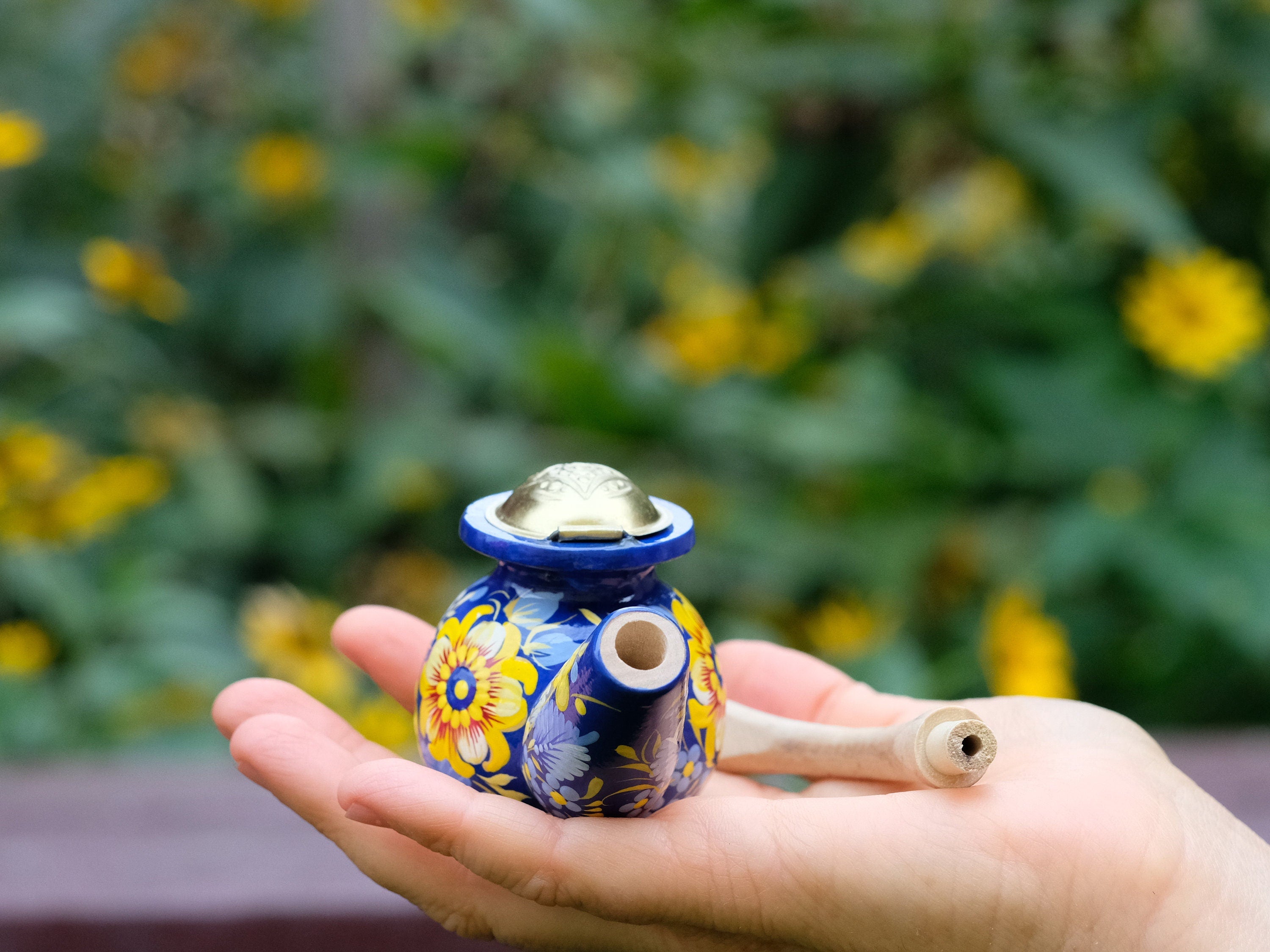 Painted Wooden Smoking Pipe with Lid - Blue & Yellow Ukrainian Folk Art Petrykivka Tobacco Pipe