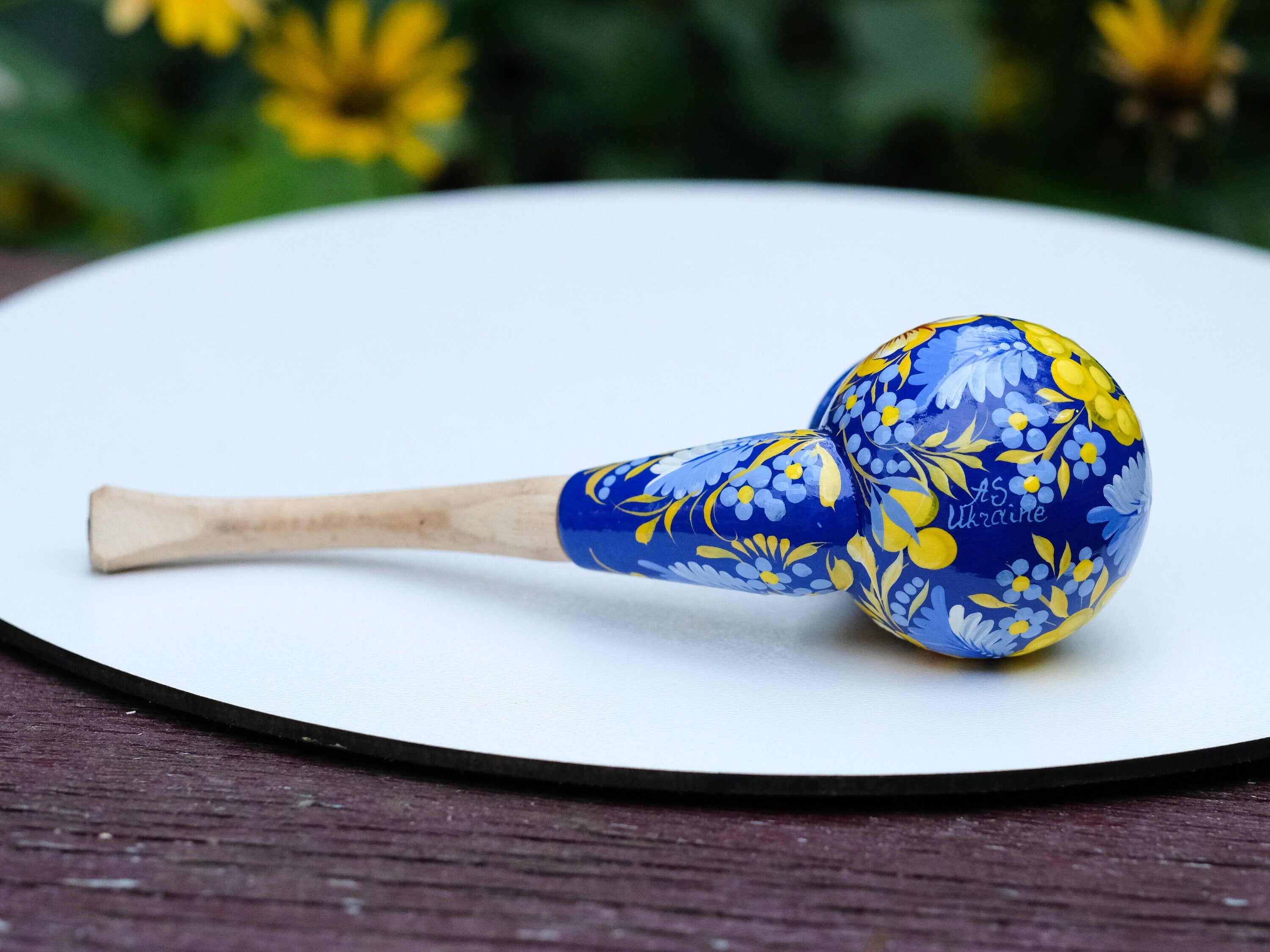 Painted Wooden Smoking Pipe with Lid - Blue & Yellow Ukrainian Folk Art Petrykivka Tobacco Pipe