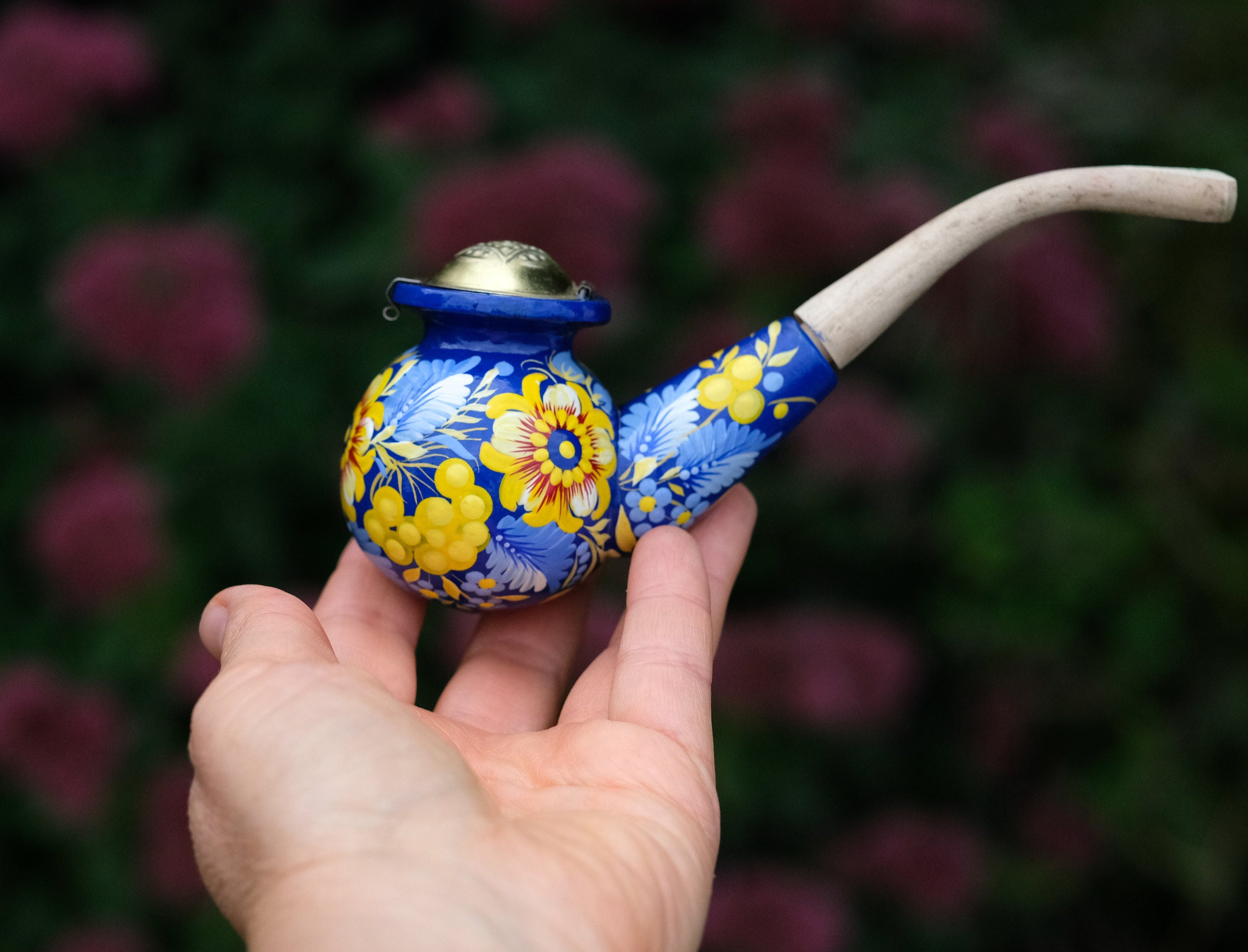 Painted Wooden Smoking Pipe with Lid - Blue & Yellow Ukrainian Folk Art Petrykivka Tobacco Pipe