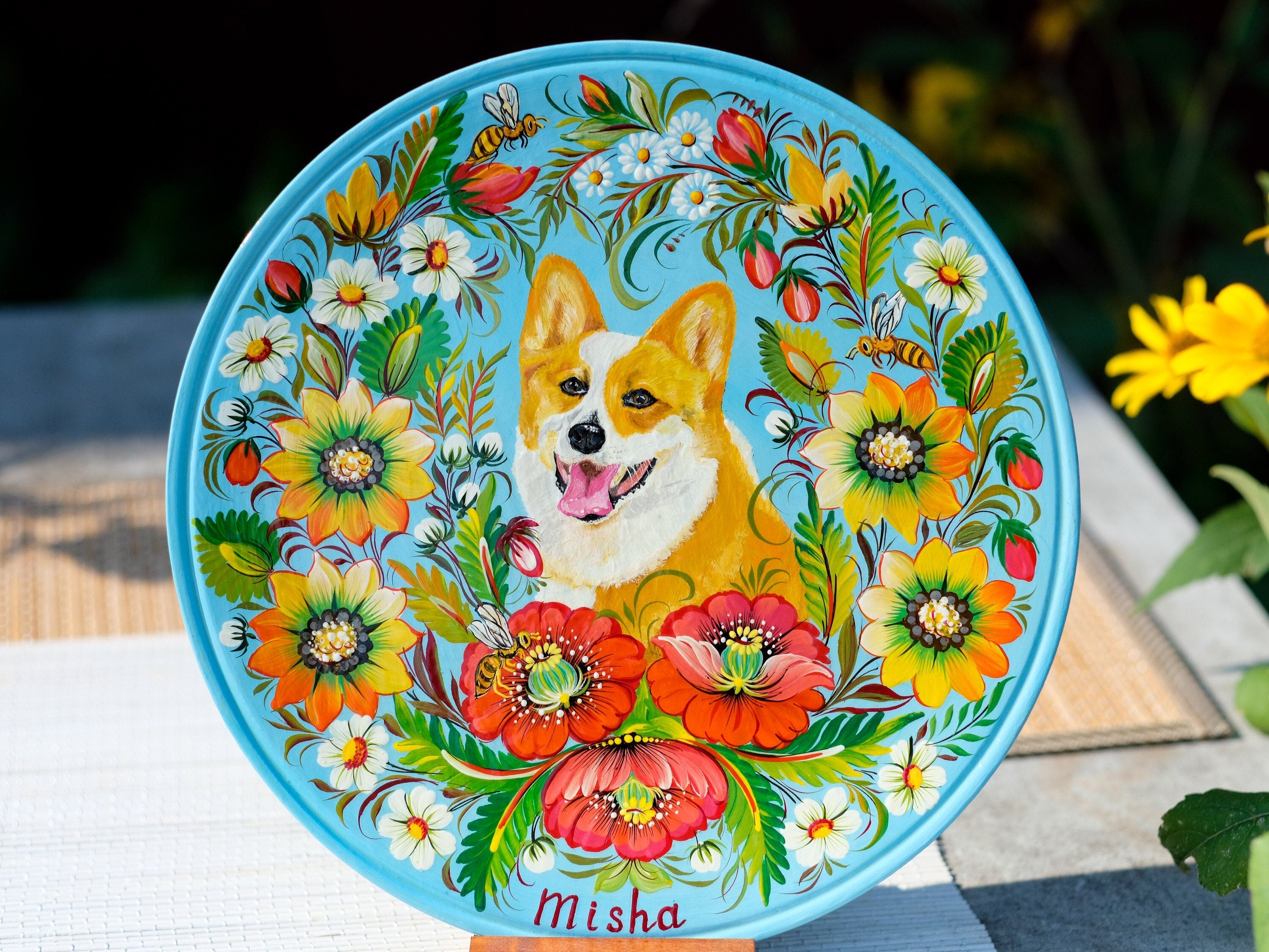 Custom Pet Portrait Painting on Wooden Plate - Personalized Pet Loss Memorial Gift, Animal Portrait Decorated with Petrykivka Art