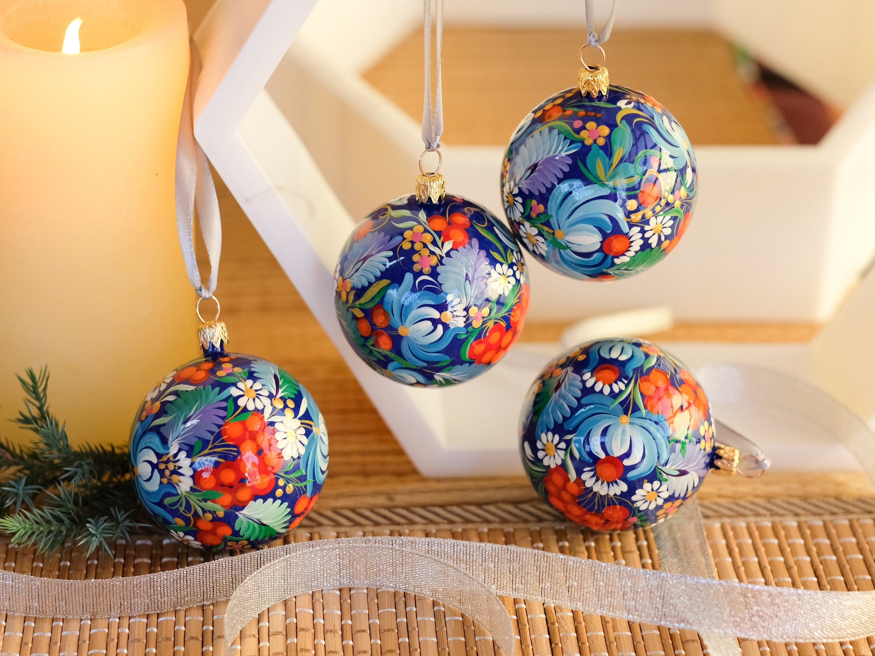 Hand-painted Set of 4 Red & Blue Flower Christmas Ball Ornaments 2.4 in - Petrykivka Folk Art, Gift-wrapped