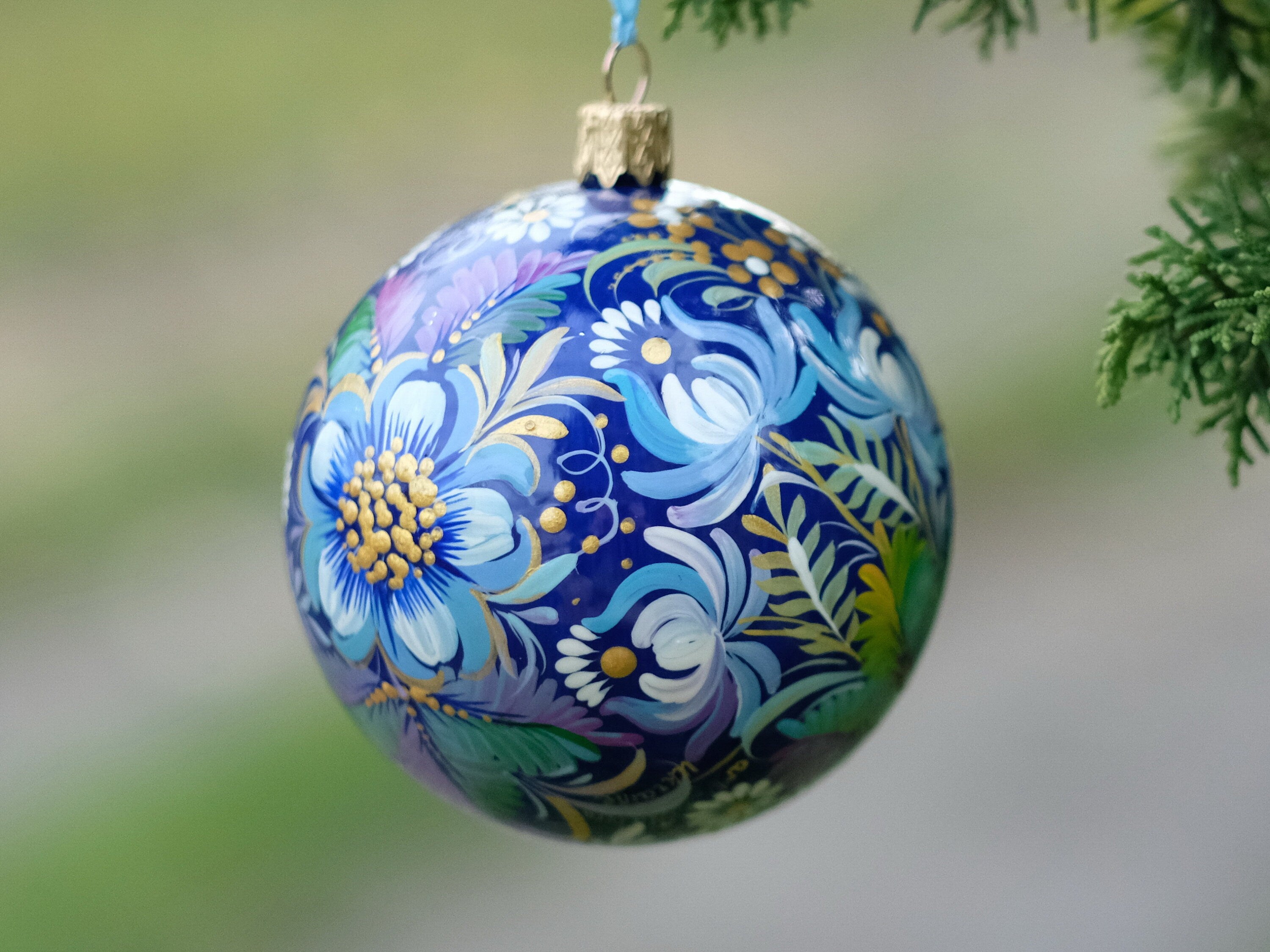 Hand-painted nativity scene ornament, Ukrainian Christmas ornament, Blue flower bauble ornament, Unique tree ball with Petrykivka painting