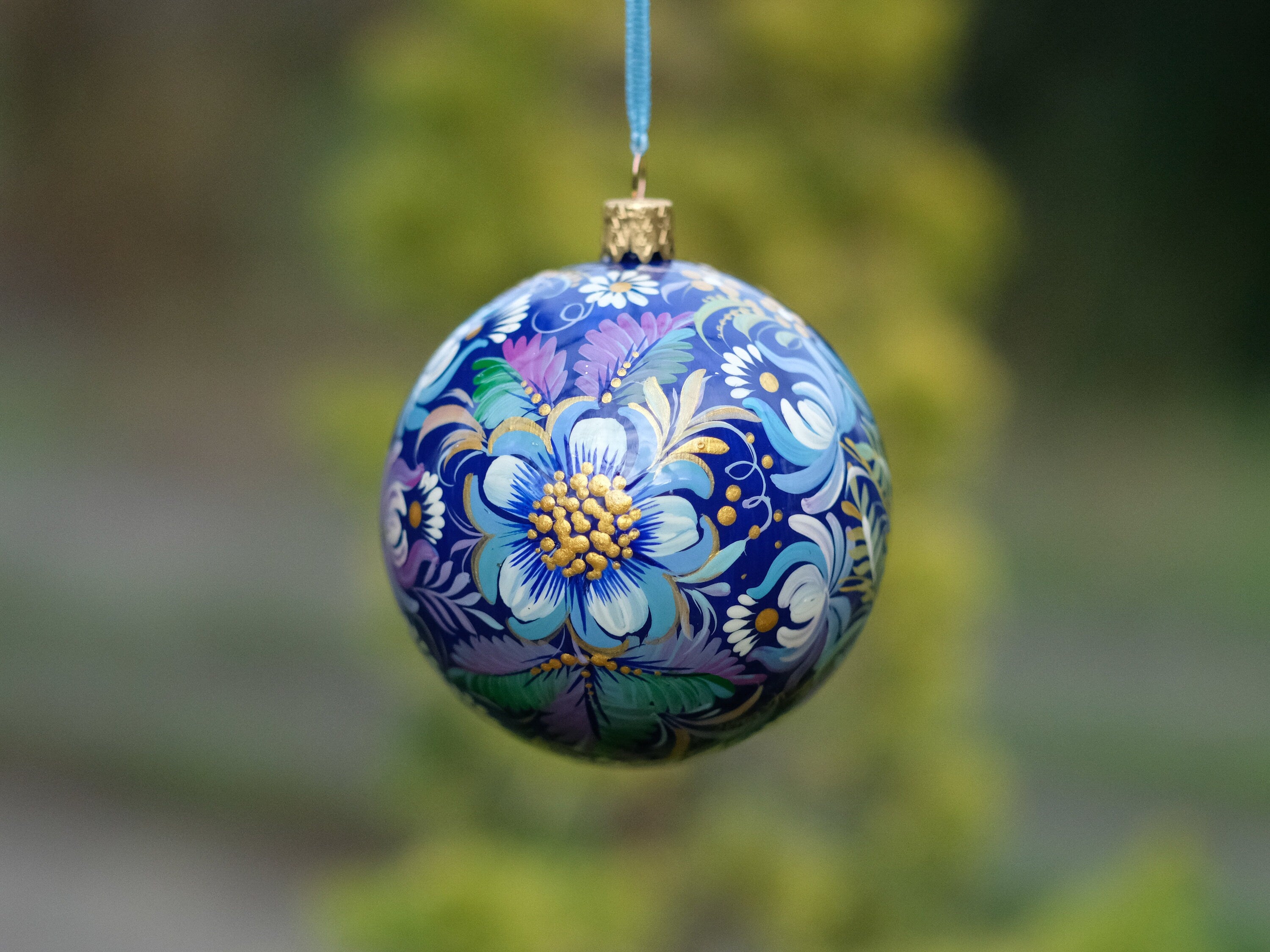 Hand-painted nativity scene ornament, Ukrainian Christmas ornament, Blue flower bauble ornament, Unique tree ball with Petrykivka painting