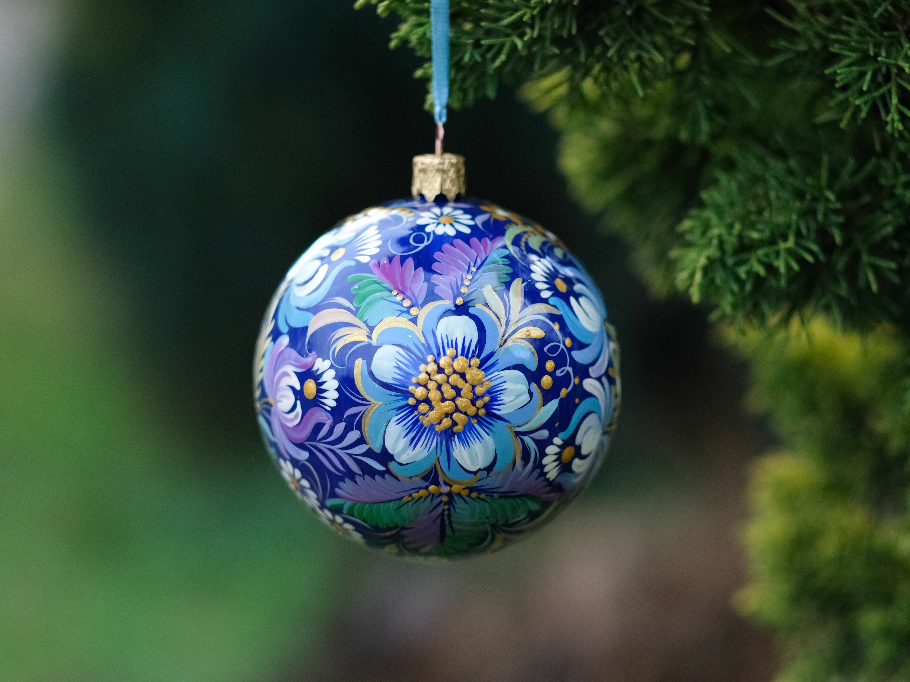 Hand-painted nativity scene ornament, Ukrainian Christmas ornament, Blue flower bauble ornament, Unique tree ball with Petrykivka painting