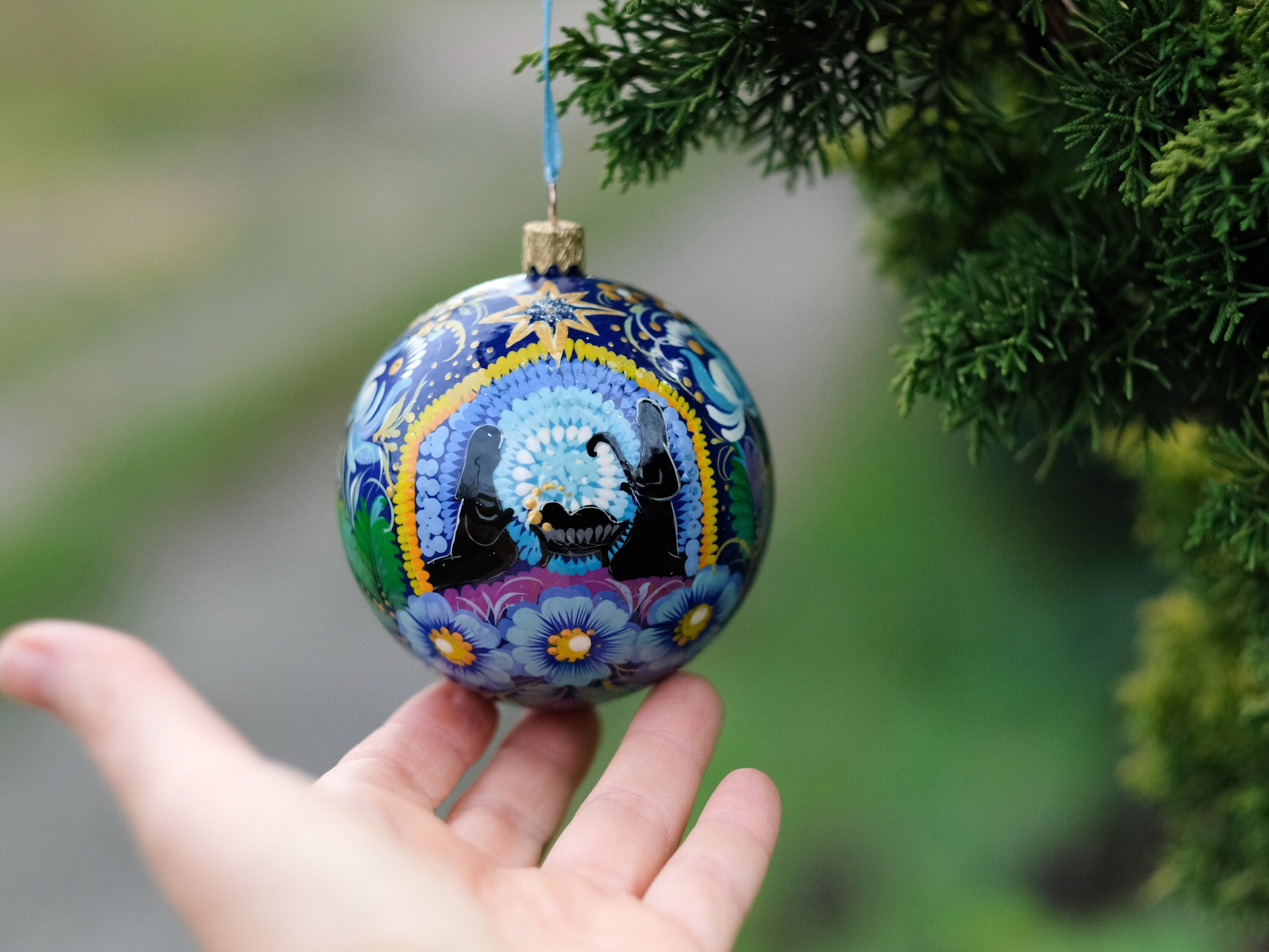 Hand-painted nativity scene ornament, Ukrainian Christmas ornament, Blue flower bauble ornament, Unique tree ball with Petrykivka painting