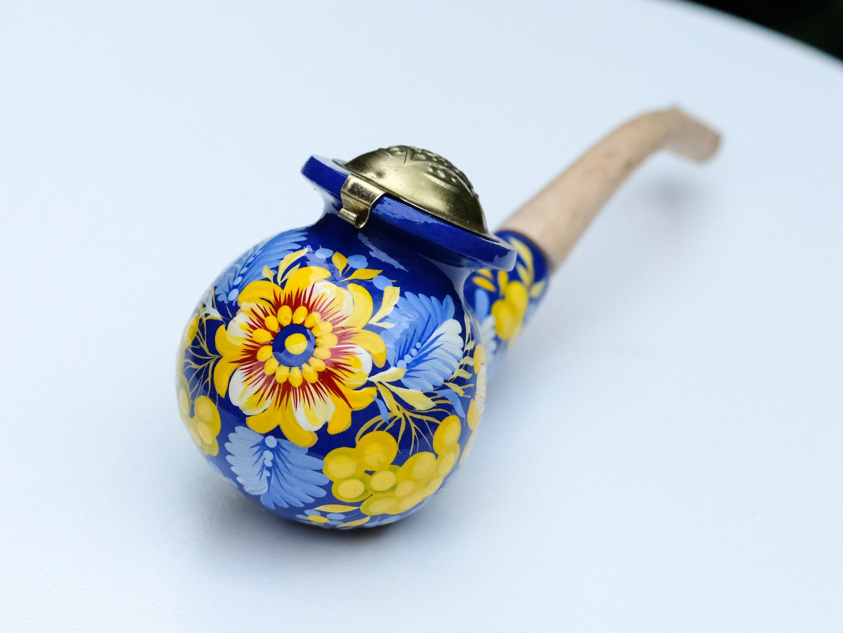 Painted Wooden Smoking Pipe with Lid - Blue & Yellow Ukrainian Folk Art Petrykivka Tobacco Pipe