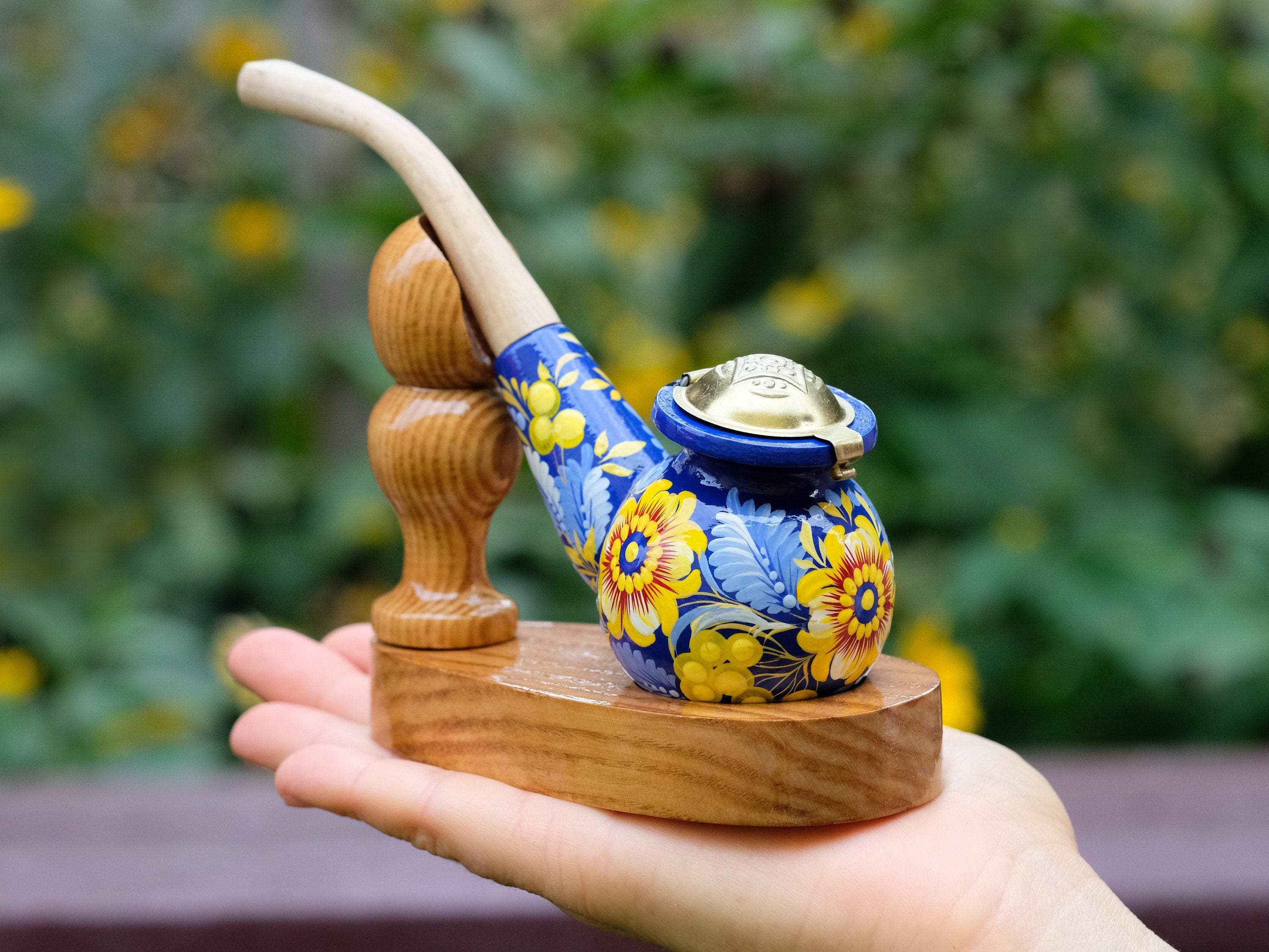 Painted Wooden Smoking Pipe with Lid - Blue & Yellow Ukrainian Folk Art Petrykivka Tobacco Pipe