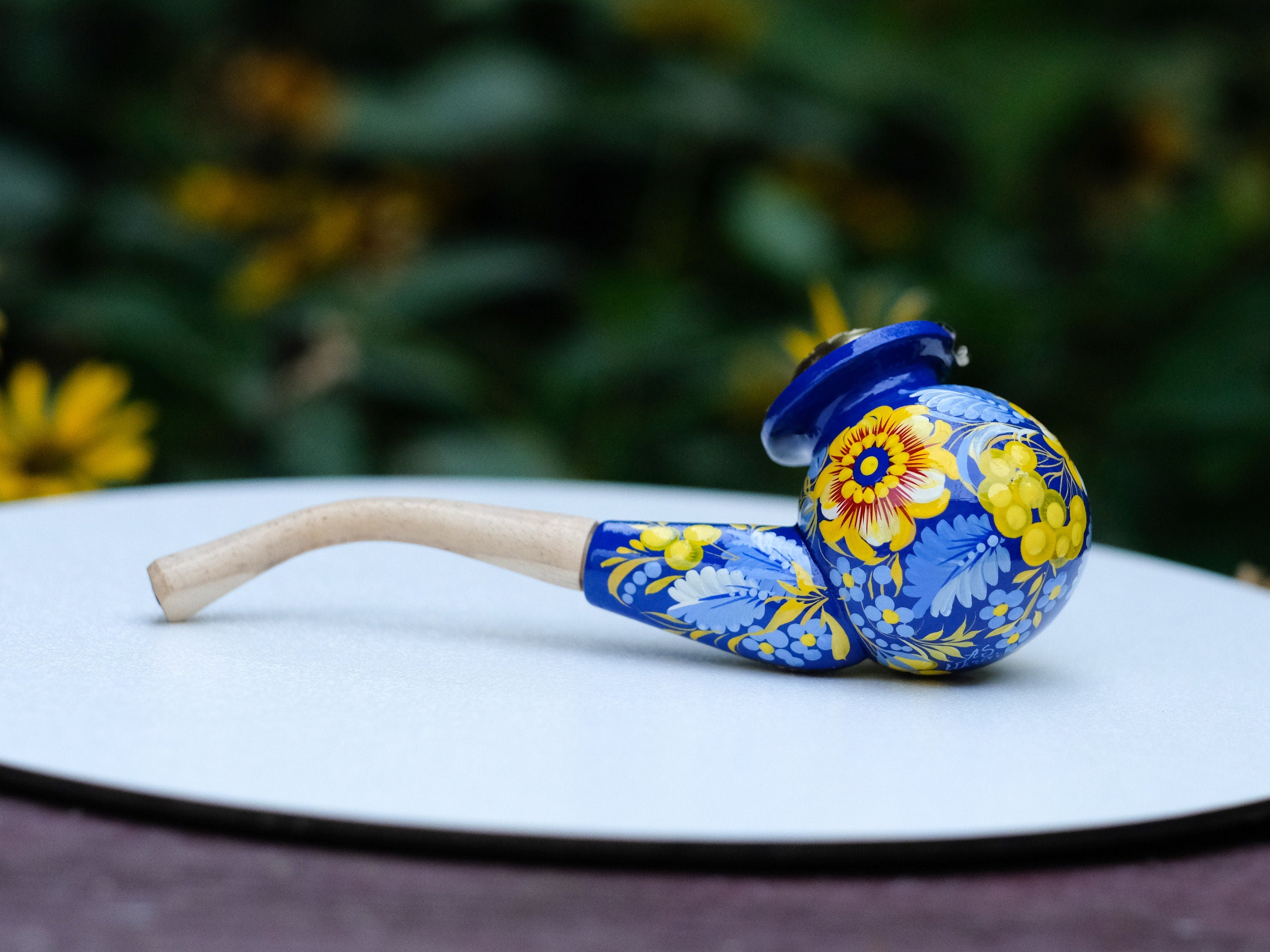 Painted Wooden Smoking Pipe with Lid - Blue & Yellow Ukrainian Folk Art Petrykivka Tobacco Pipe