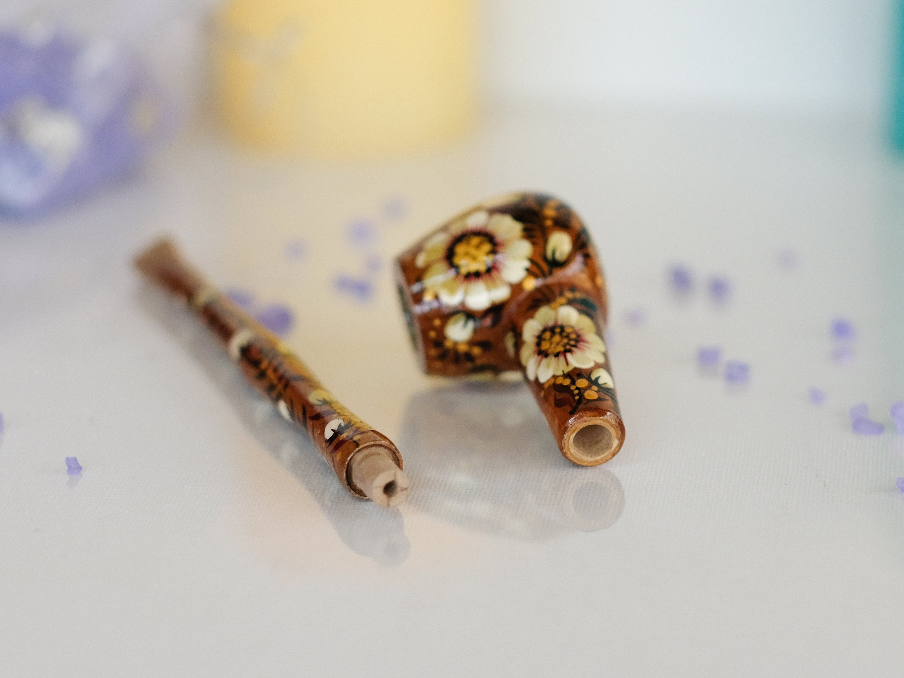 Painted Wooden Golden Smoking Pipe - Ukrainian Folk Art Petrykivka Tobacco Pipe