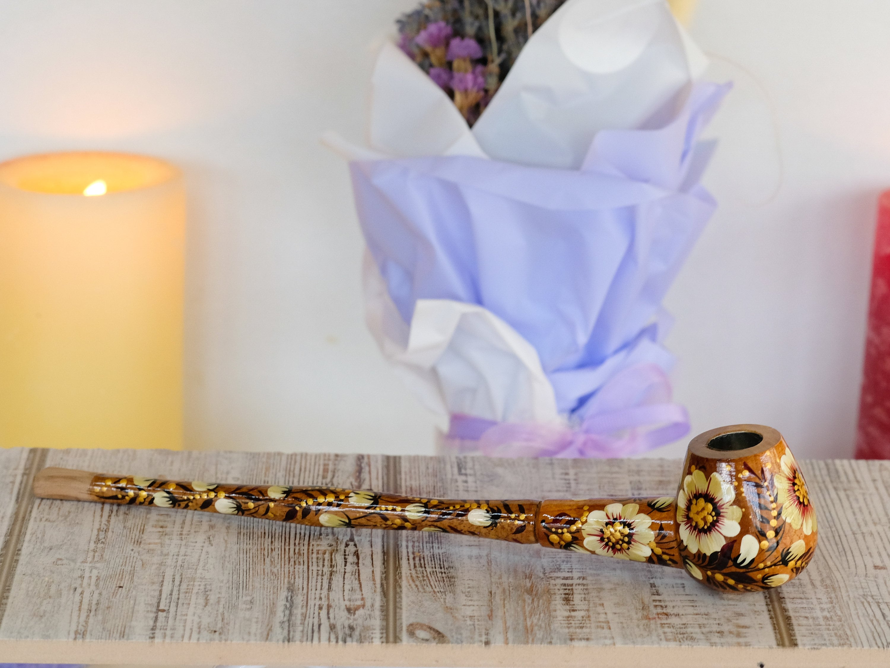 Painted Wooden Golden Smoking Pipe - Ukrainian Folk Art Petrykivka Tobacco Pipe