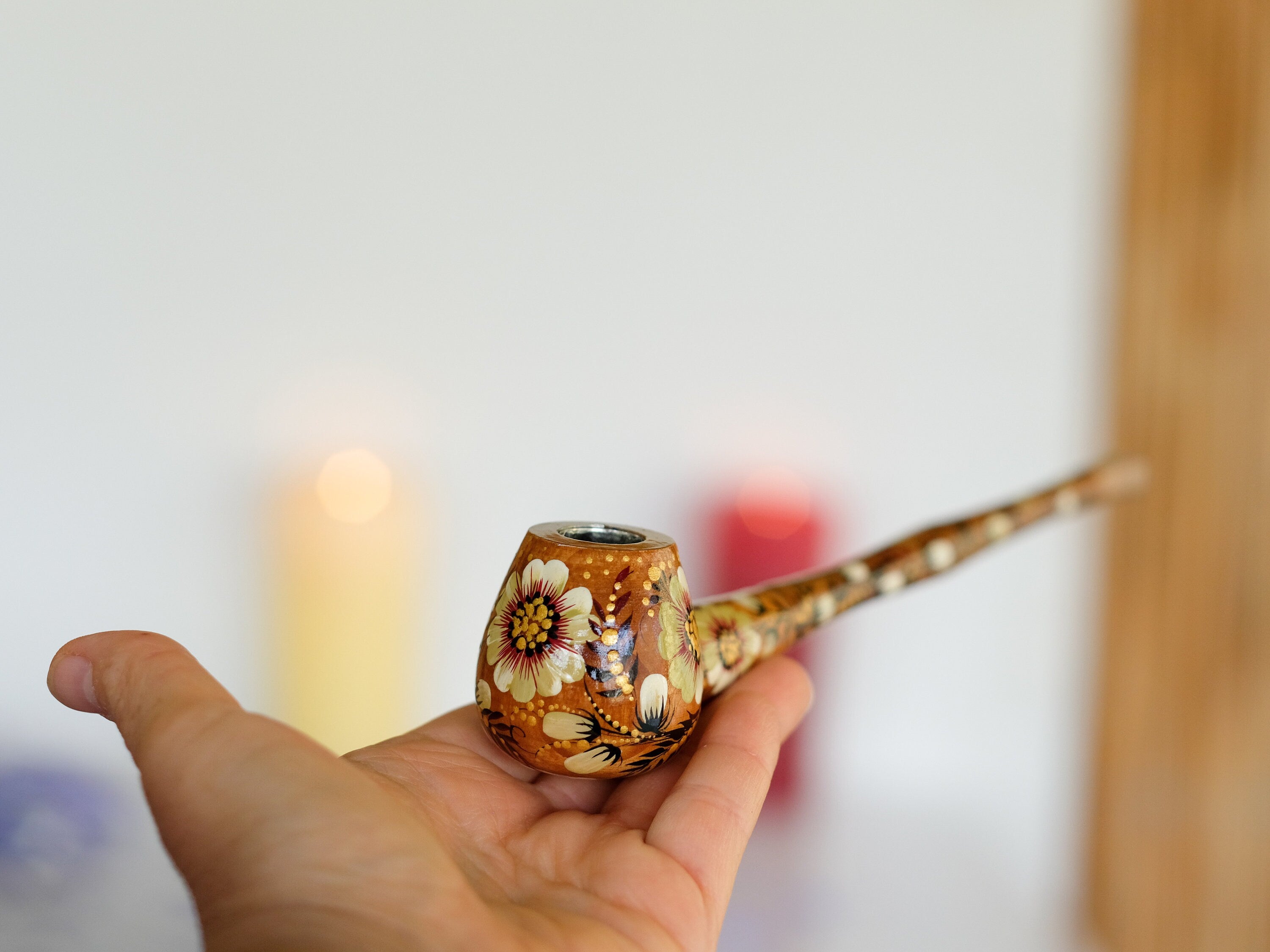 Painted Wooden Golden Smoking Pipe - Ukrainian Folk Art Petrykivka Tobacco Pipe