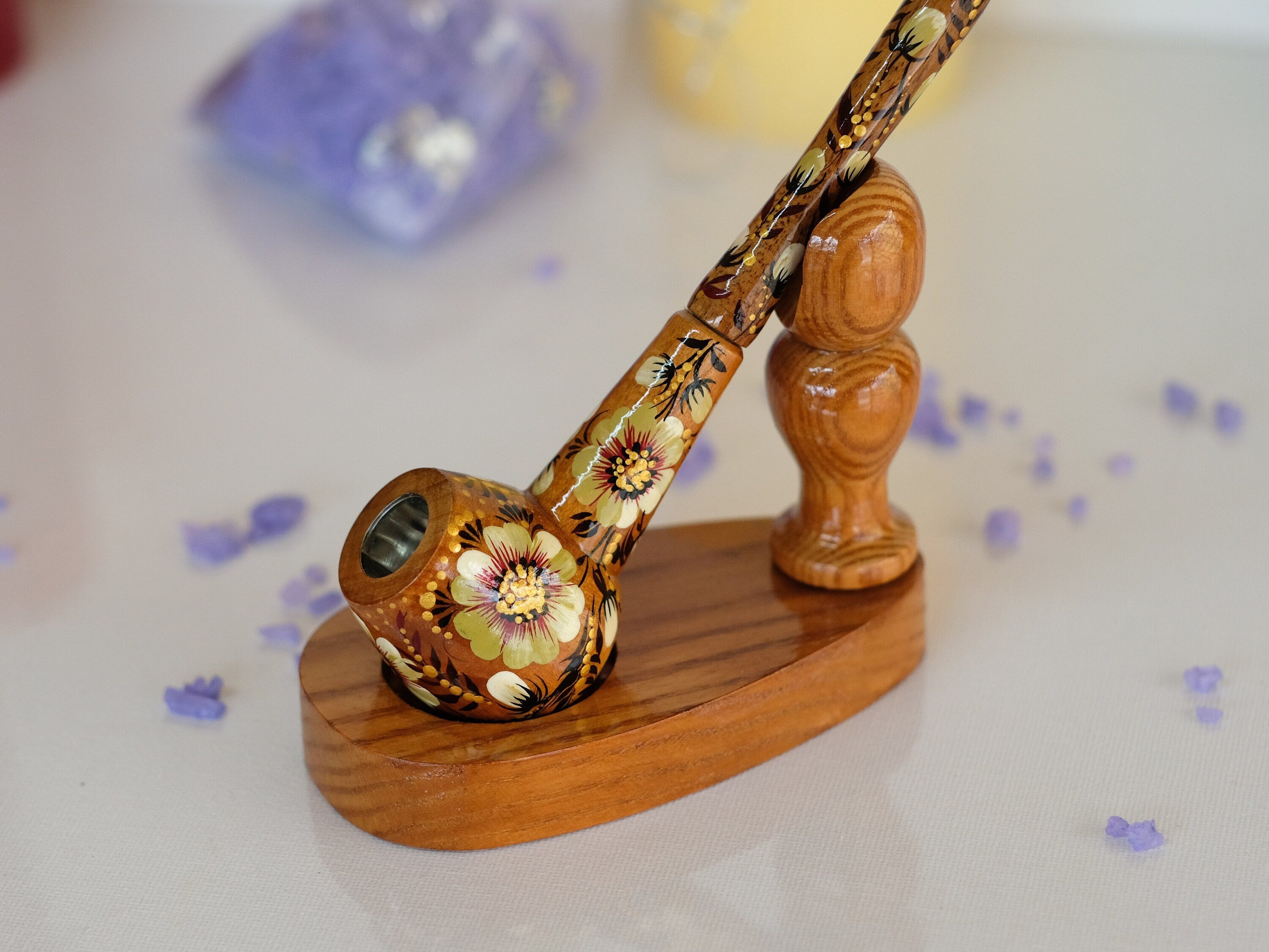 Painted Wooden Golden Smoking Pipe - Ukrainian Folk Art Petrykivka Tobacco Pipe