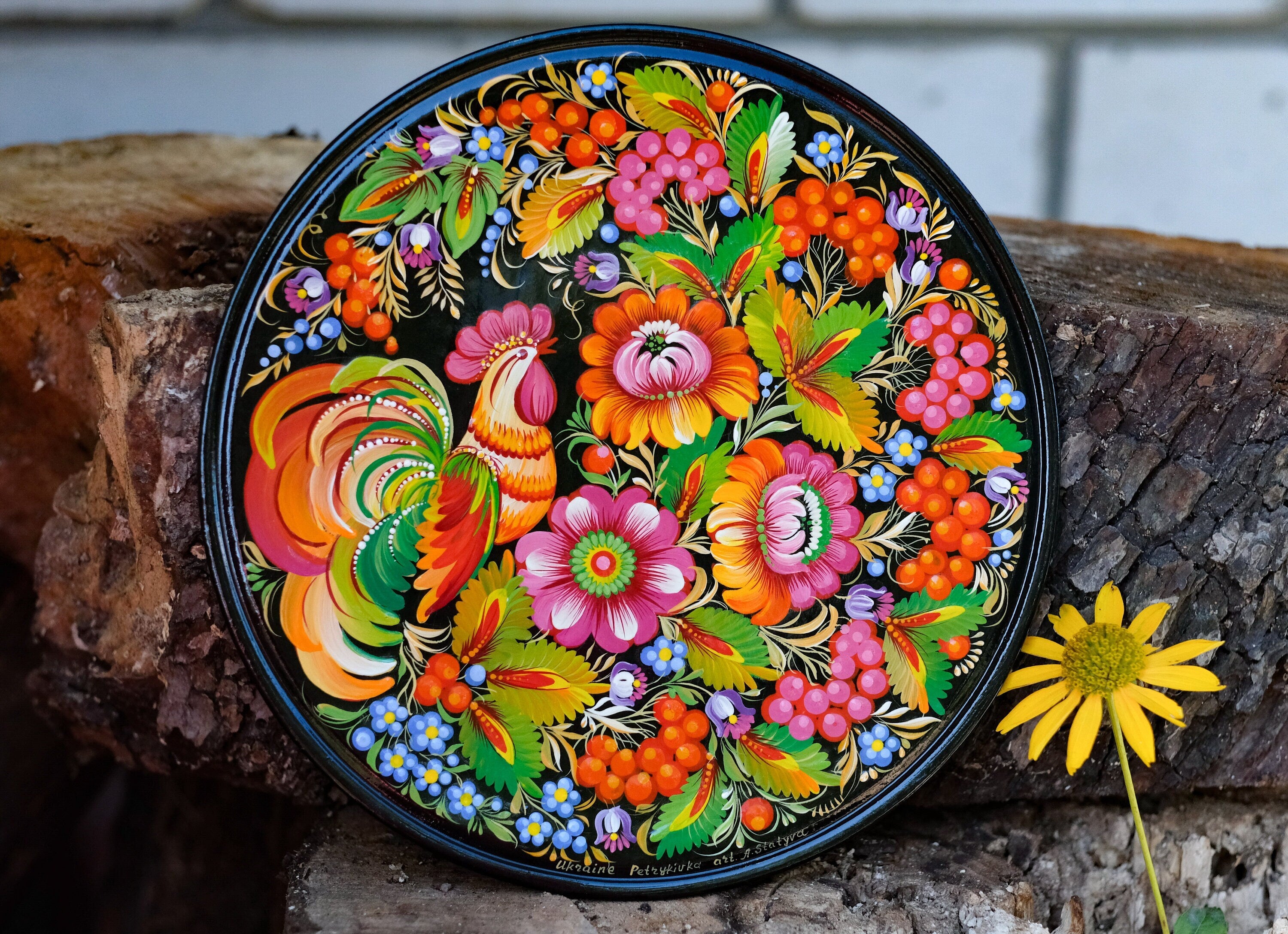 Decorative Rooster wooden plate, Hand-painted Ukrainian wall plate, Large bird plate painted with Petrykivka painting, Ukraine folk plate