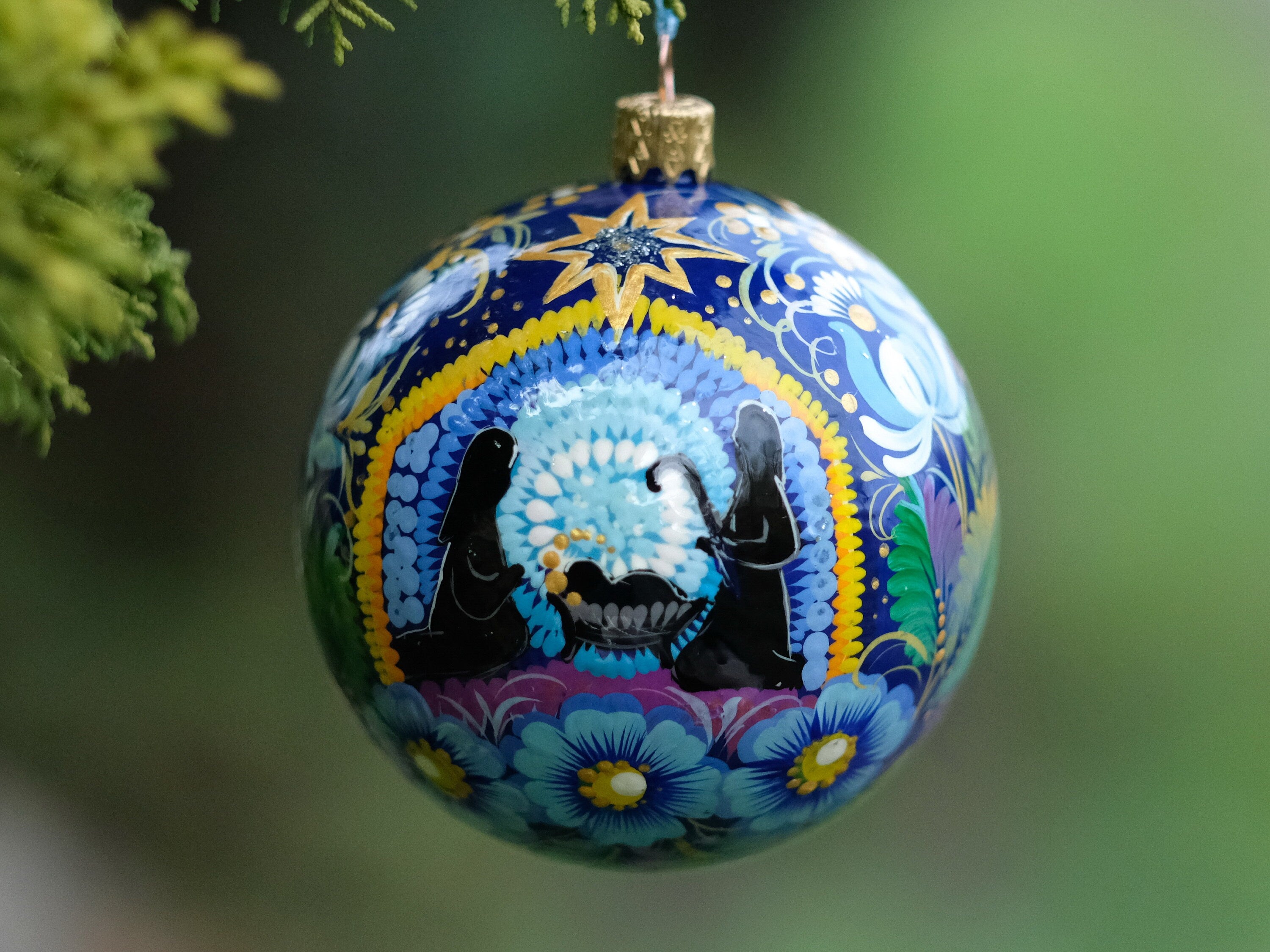 Hand-painted nativity scene ornament, Ukrainian Christmas ornament, Blue flower bauble ornament, Unique tree ball with Petrykivka painting