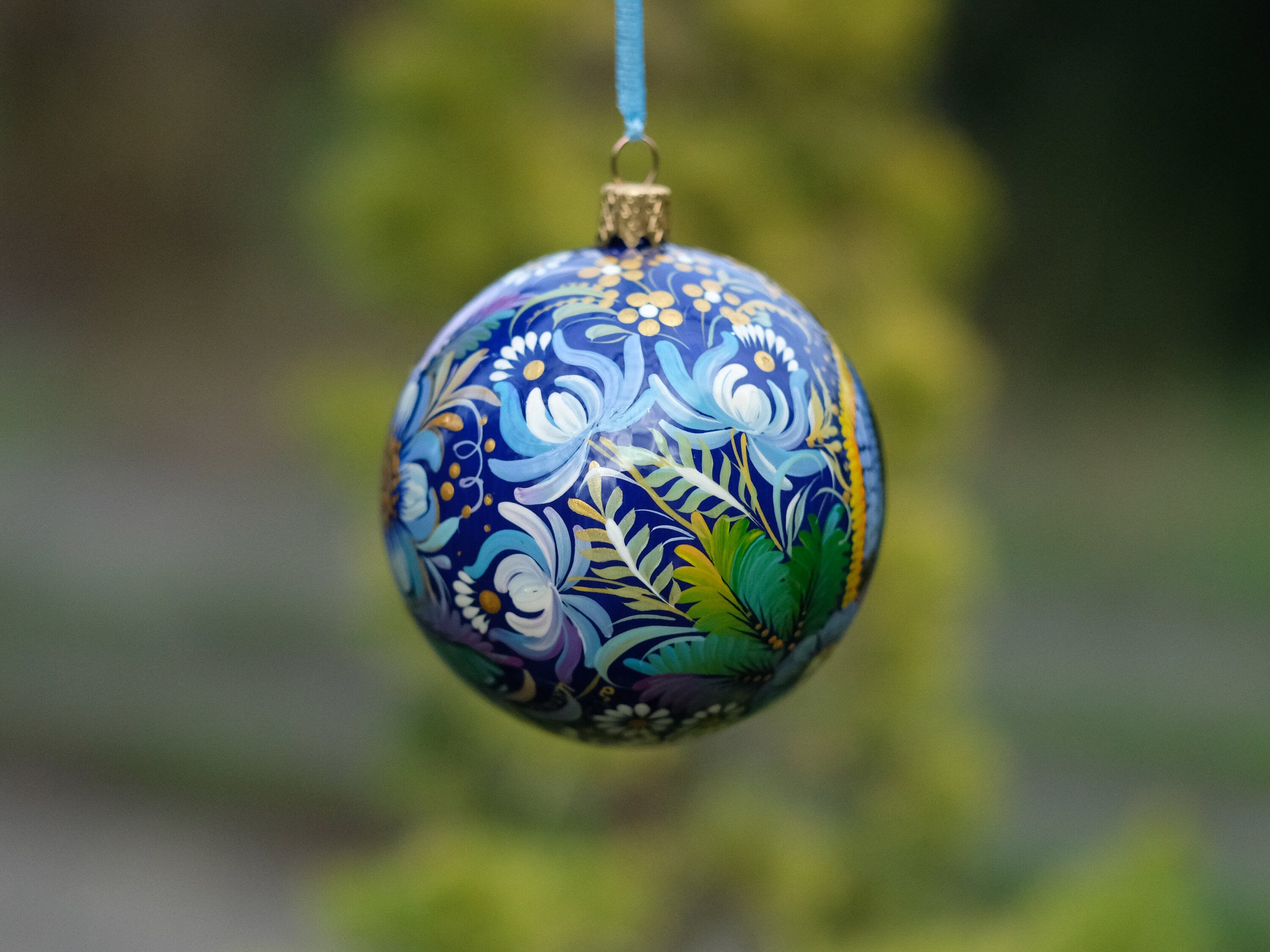 Hand-painted nativity scene ornament, Ukrainian Christmas ornament, Blue flower bauble ornament, Unique tree ball with Petrykivka painting