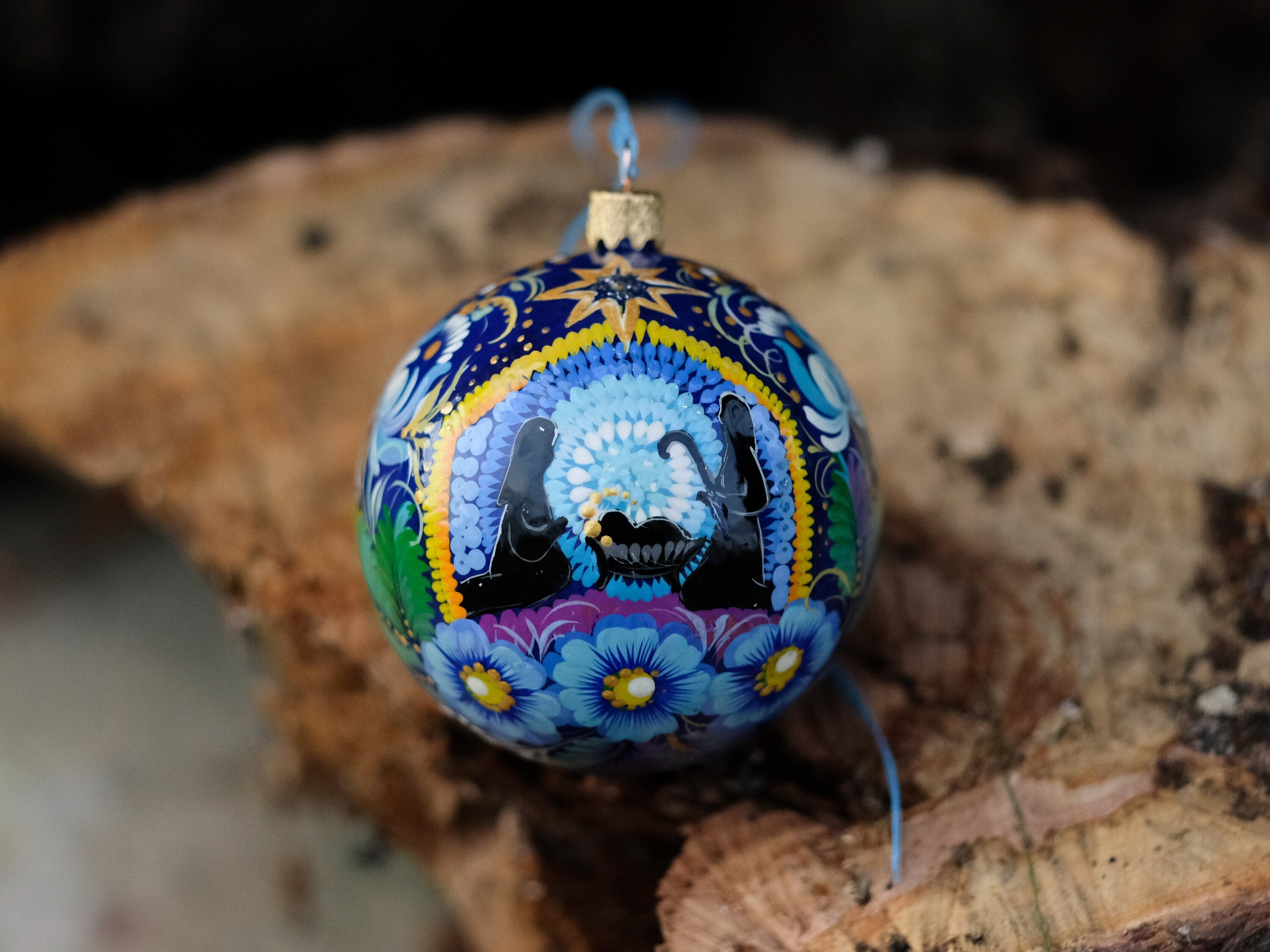 Hand-painted nativity scene ornament, Ukrainian Christmas ornament, Blue flower bauble ornament, Unique tree ball with Petrykivka painting