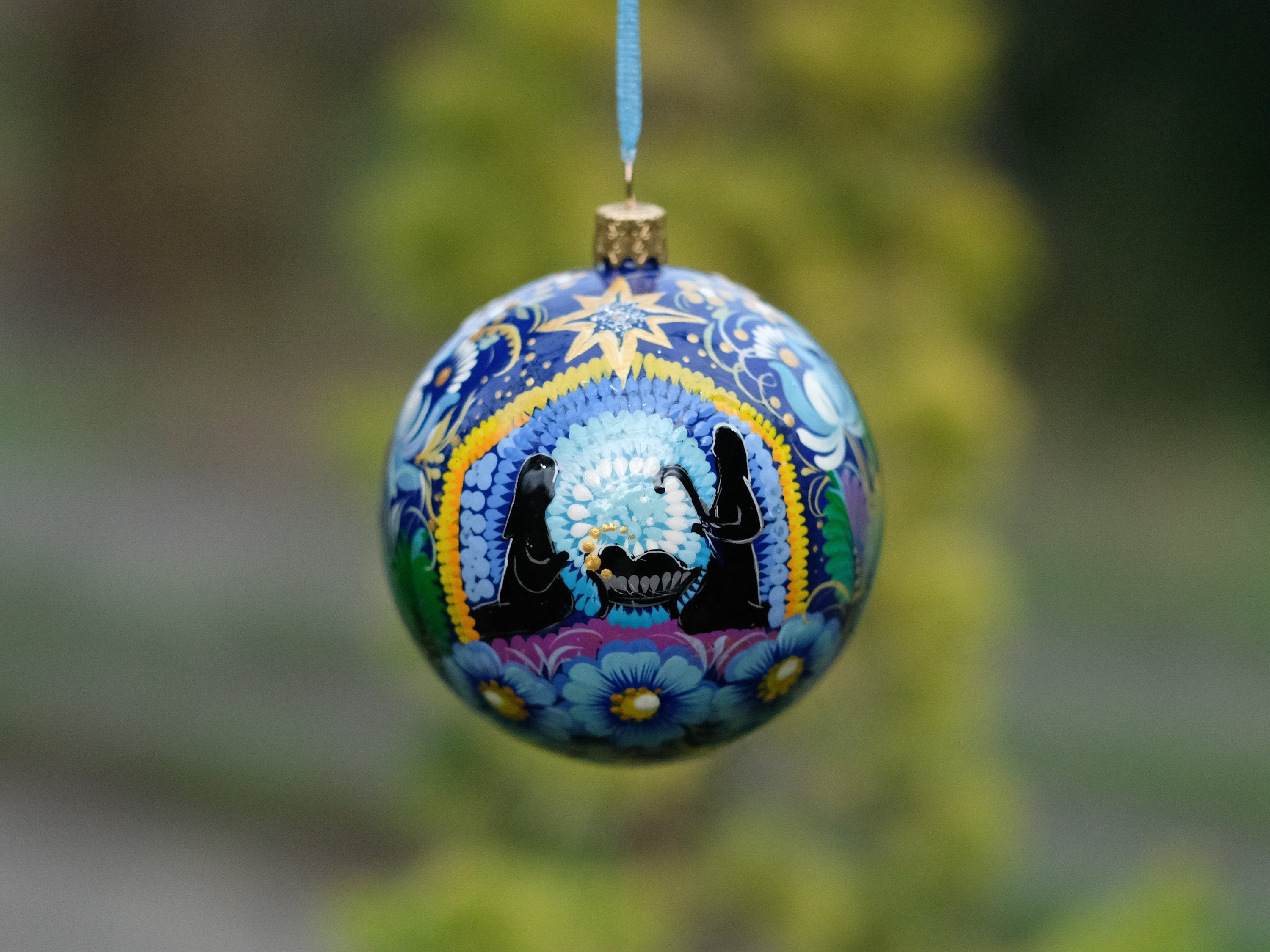 Hand-painted Nativity Scene Christmas Ornament Ball - Artisanal Blue Christmas Tree Decoration, Petrykivka Art