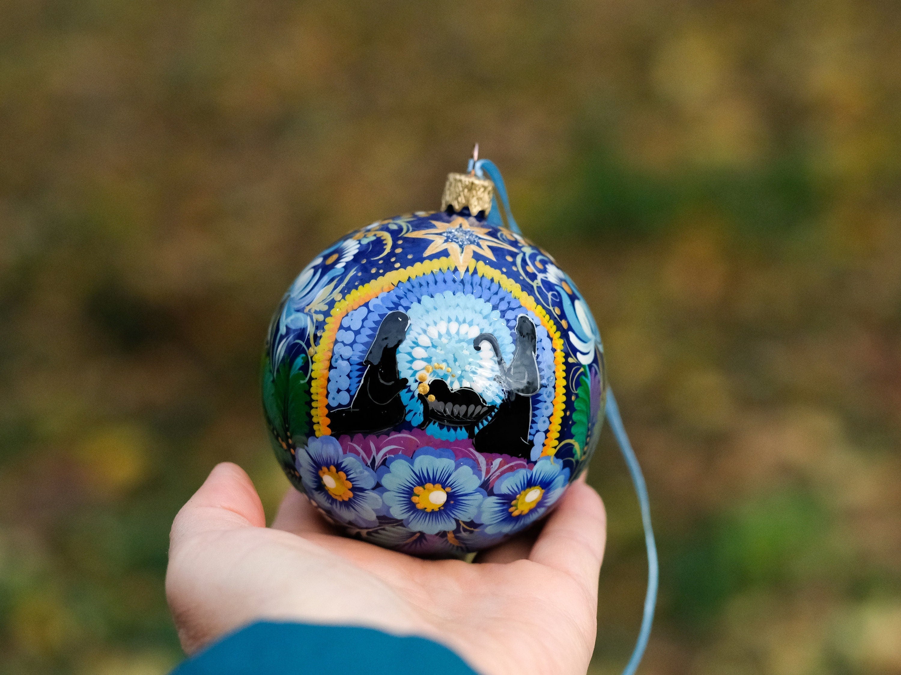 Hand-painted nativity scene ornament, Ukrainian Christmas ornament, Blue flower bauble ornament, Unique tree ball with Petrykivka painting