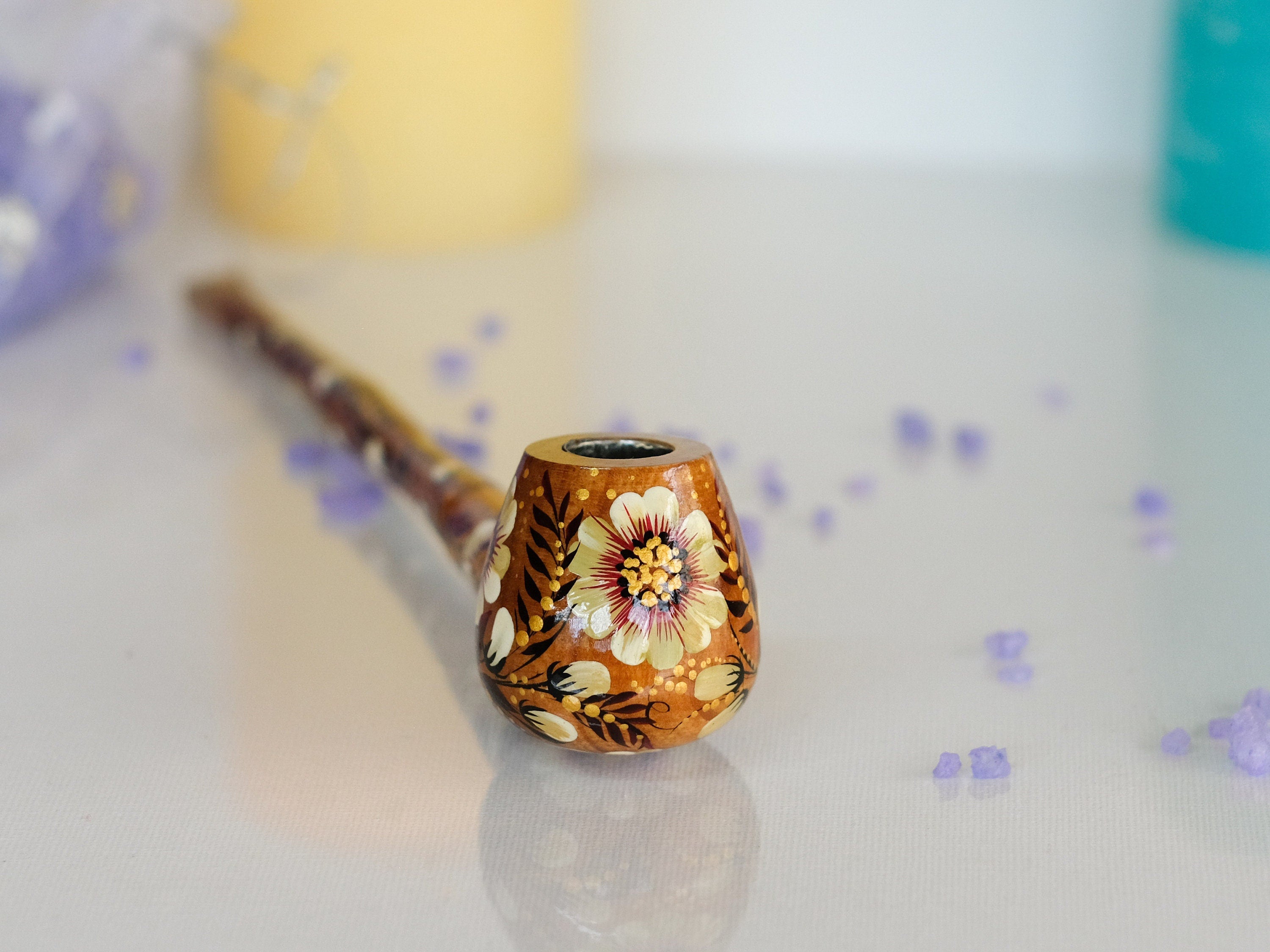 Painted Wooden Golden Smoking Pipe - Ukrainian Folk Art Petrykivka Tobacco Pipe
