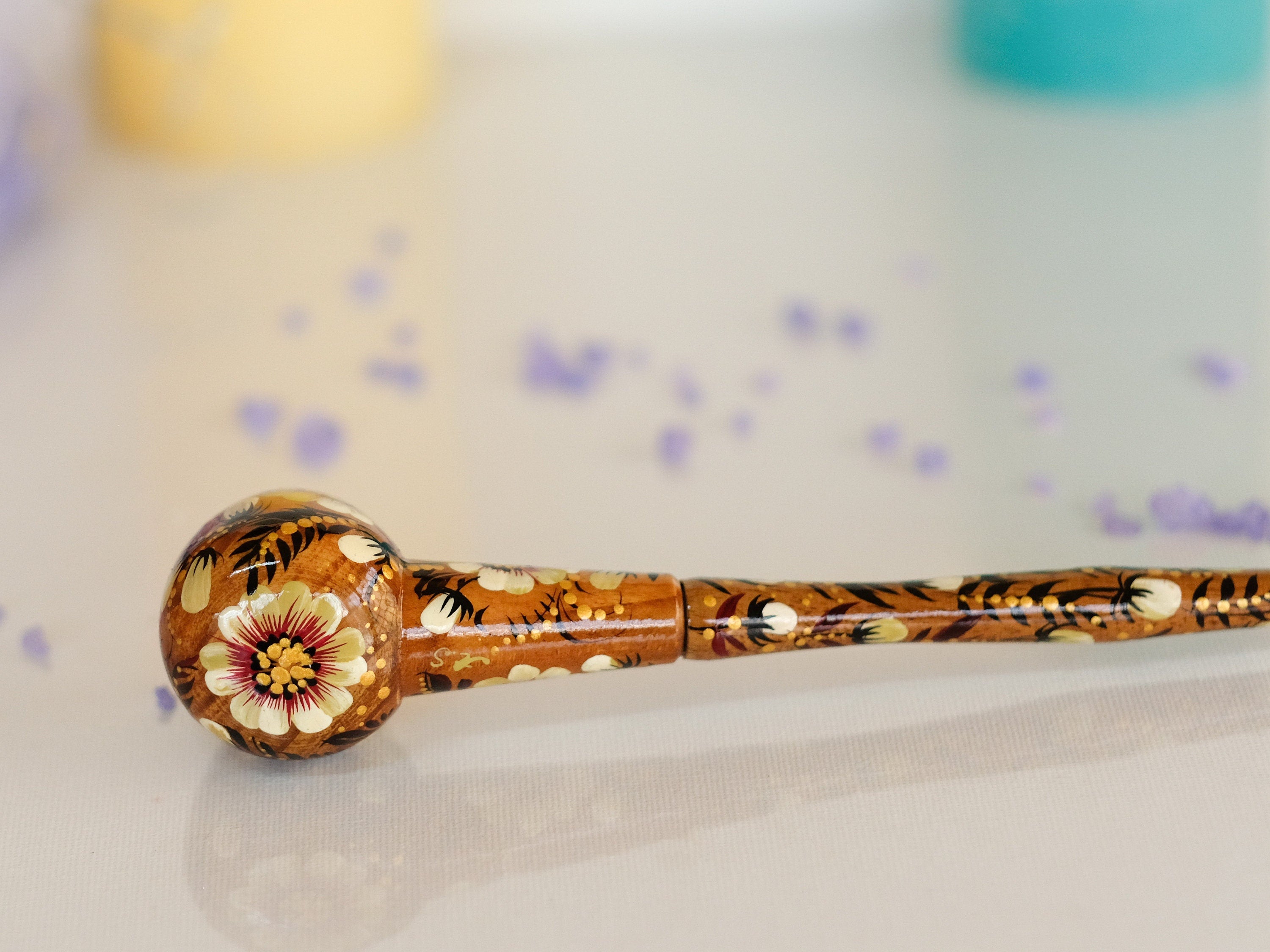 Painted Wooden Golden Smoking Pipe - Ukrainian Folk Art Petrykivka Tobacco Pipe