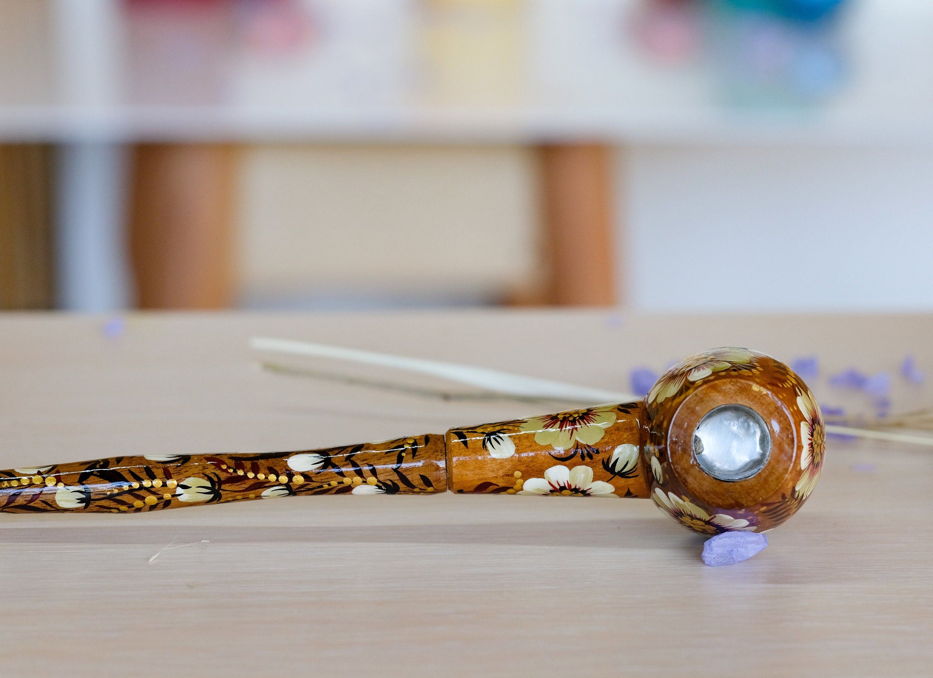 Painted Wooden Golden Smoking Pipe - Ukrainian Folk Art Petrykivka Tobacco Pipe