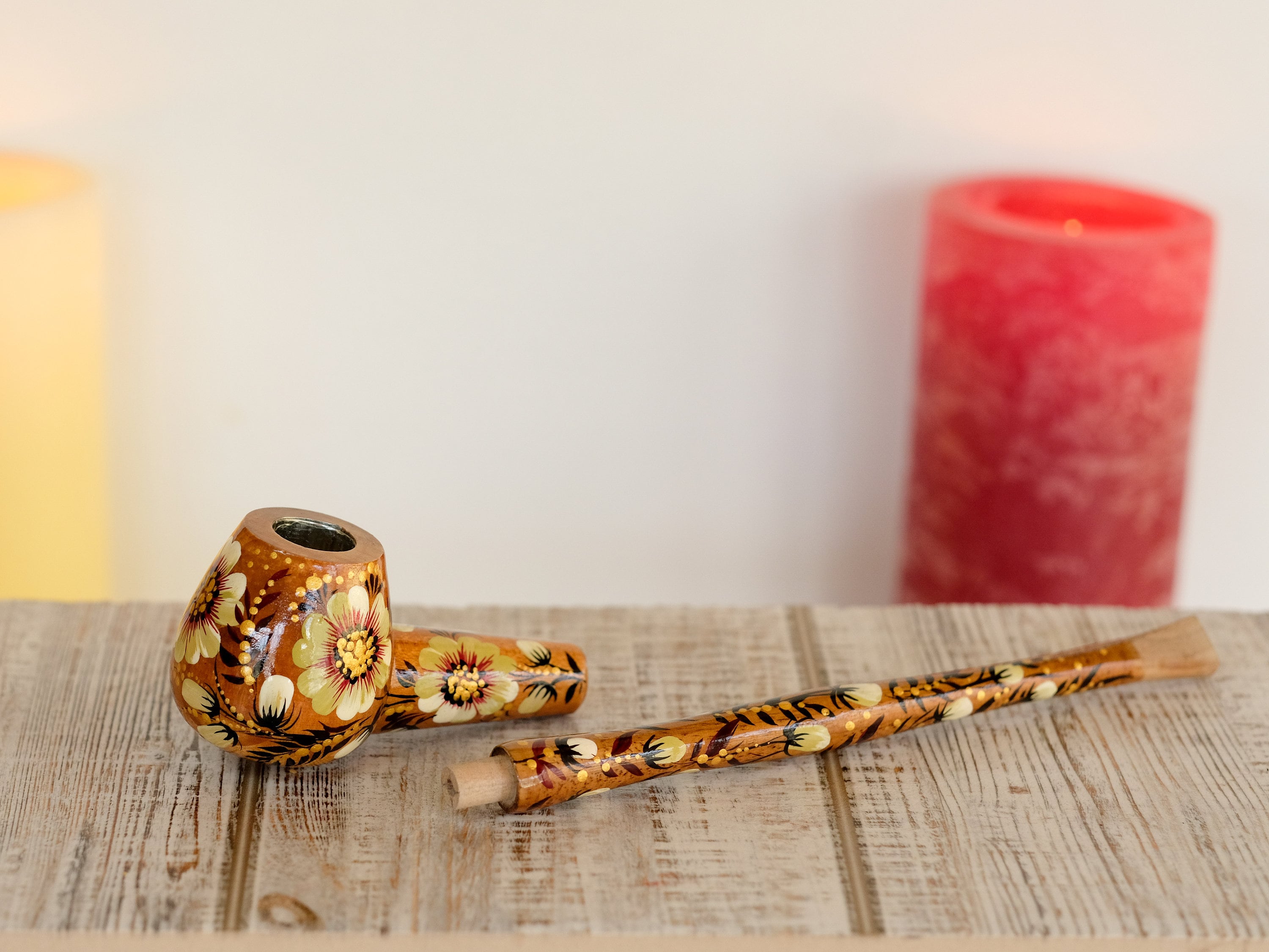 Painted Wooden Golden Smoking Pipe - Ukrainian Folk Art Petrykivka Tobacco Pipe