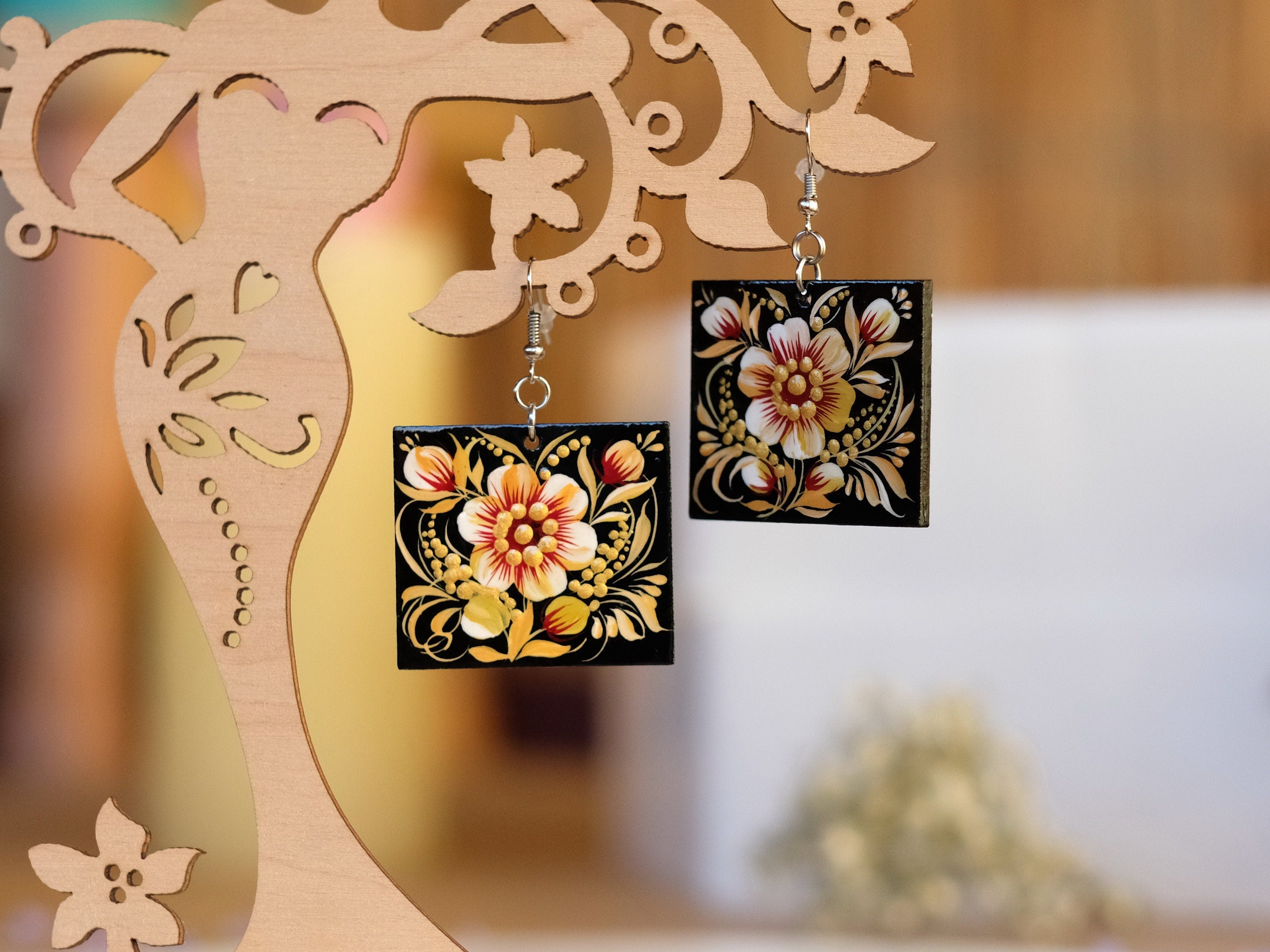 Handmade Hypoallergenic Wooden Earrings - Dangle Drop Beige Flower Artisanal Statement Earrings, Square