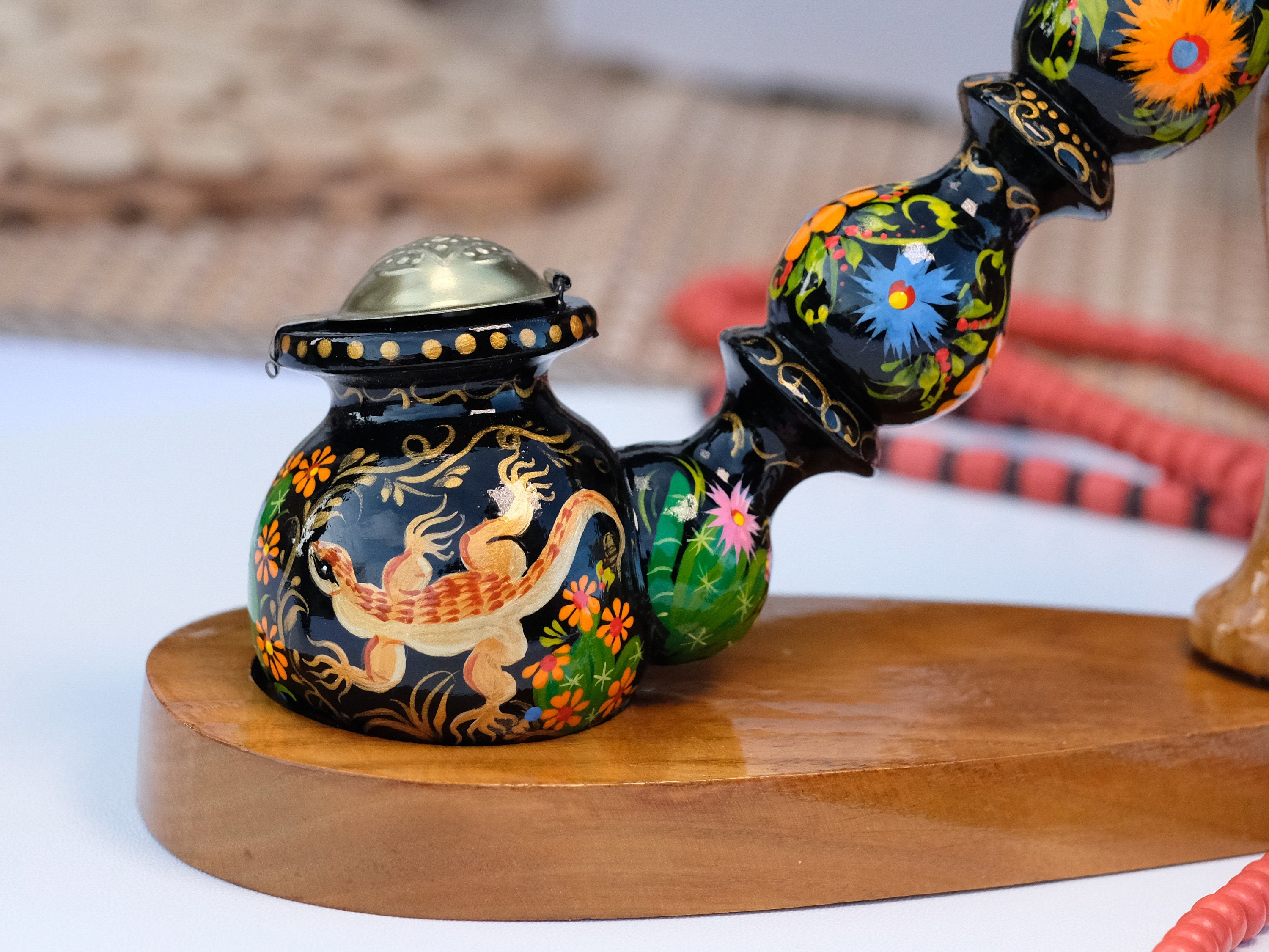 Long Wooden Tobacco Smoking Pipe with Painted Salamander & Cactus Blossom - Ukrainian Folk Art Petrykivka