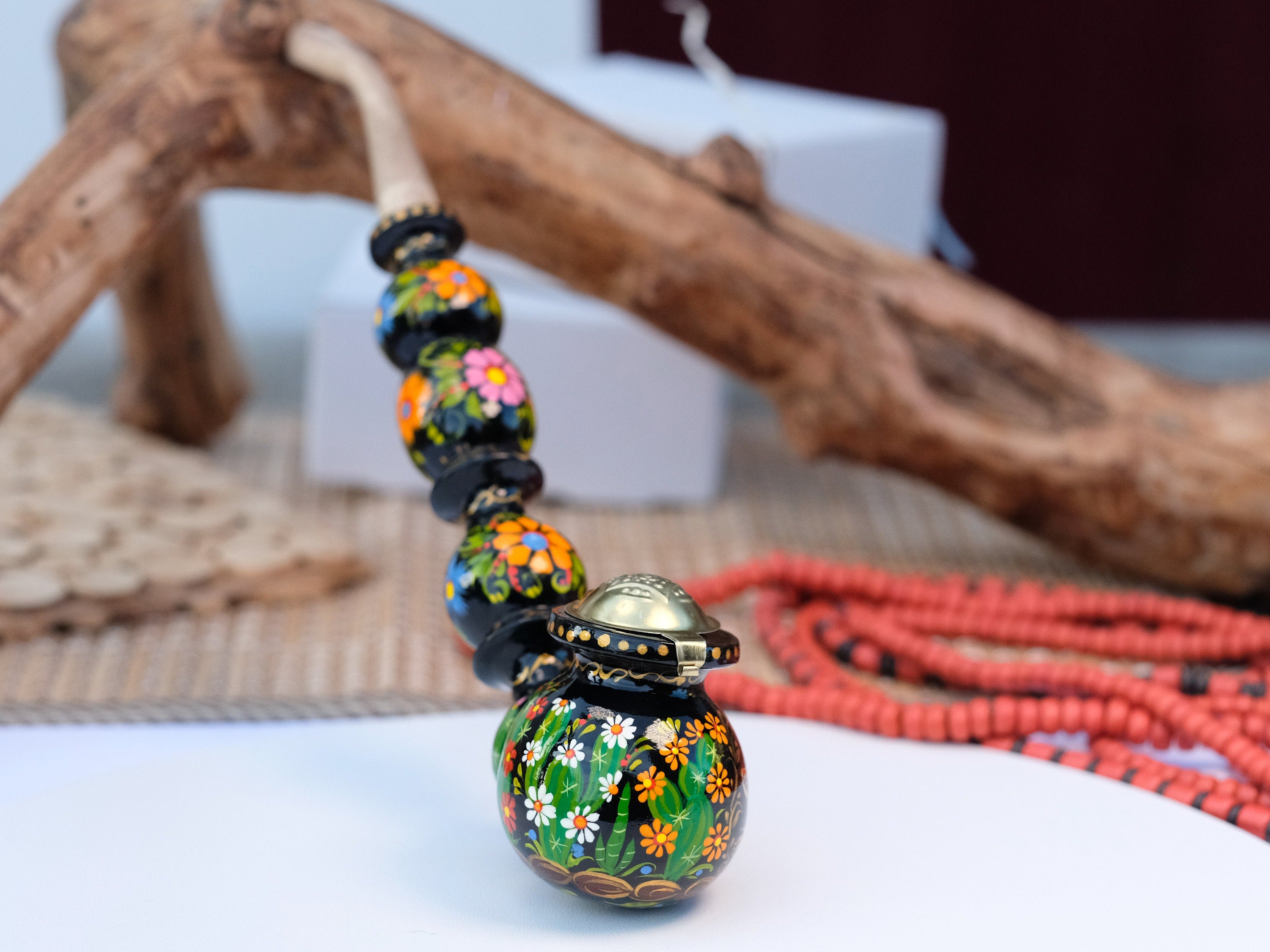 Long Wooden Tobacco Smoking Pipe with Painted Salamander & Cactus Blossom - Ukrainian Folk Art Petrykivka