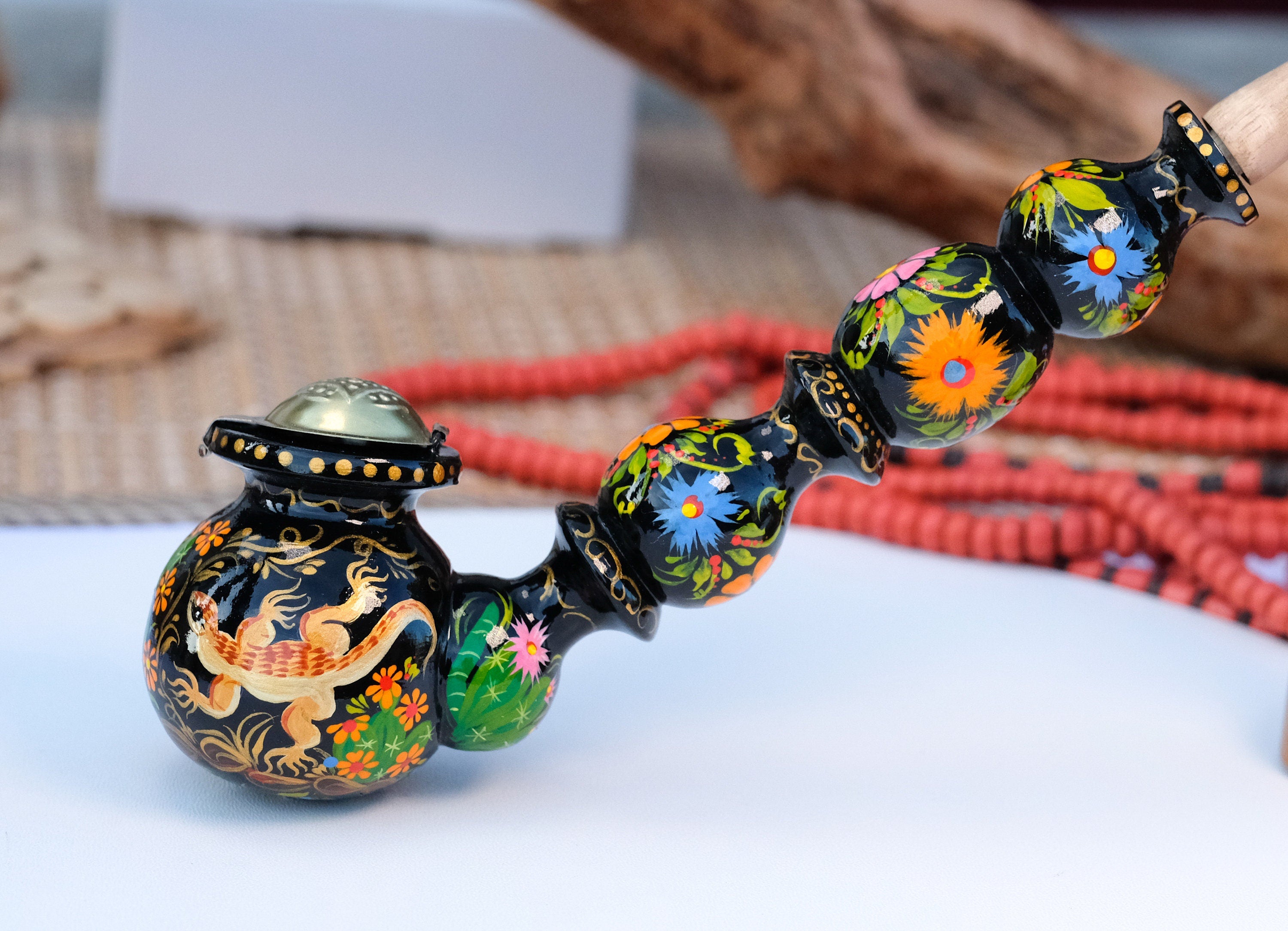 Long Wooden Tobacco Smoking Pipe with Painted Salamander & Cactus Blossom - Ukrainian Folk Art Petrykivka